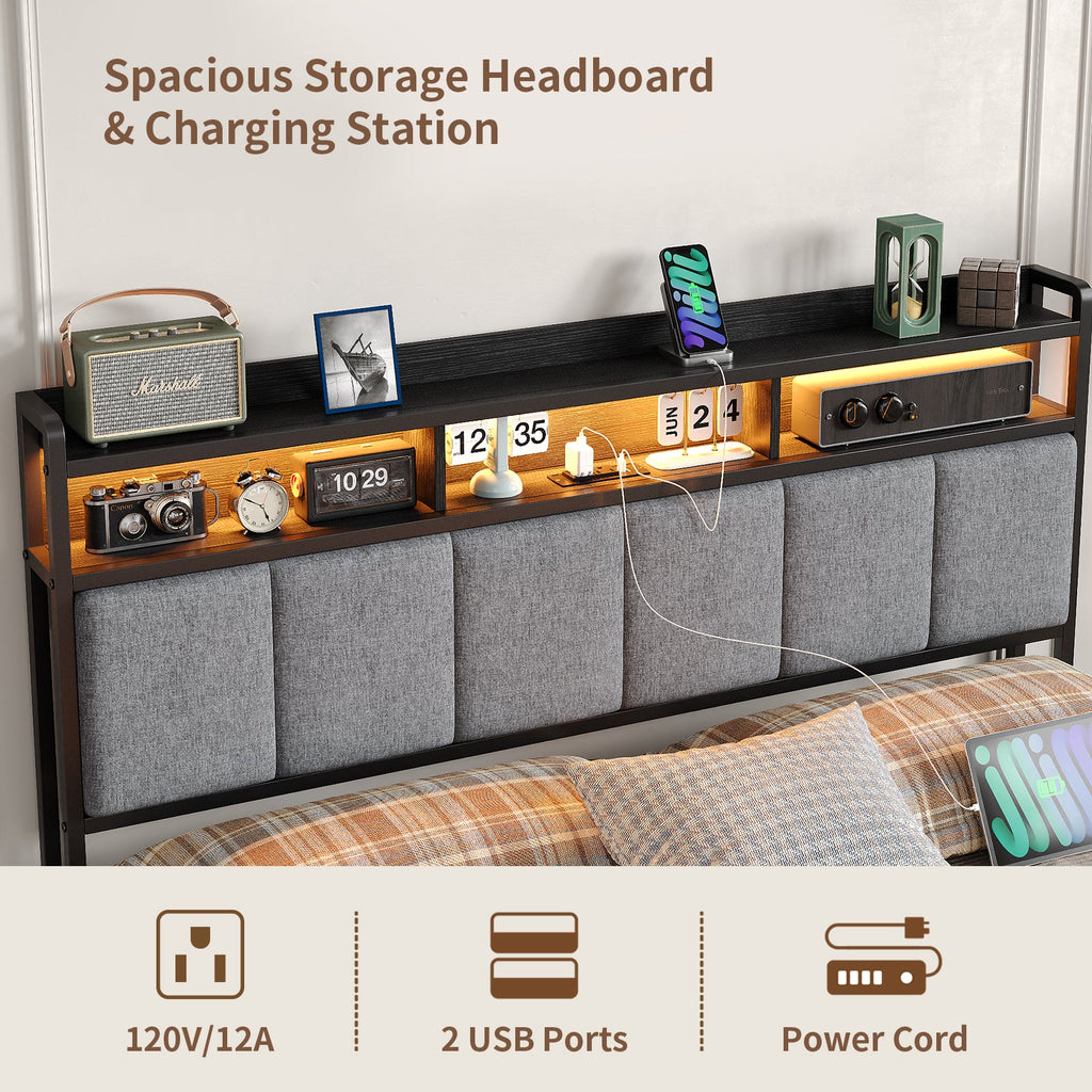 Yanosaku BF016 - BL Full/Queen Bed Frame with RGB LED Headboard, Charging Station, 2 Drawers, 2 USB & 2 AC Outlets, Easy Assembly, No Box Spring, Black - Yanosaku SotreFurnitureBF016-BL-2