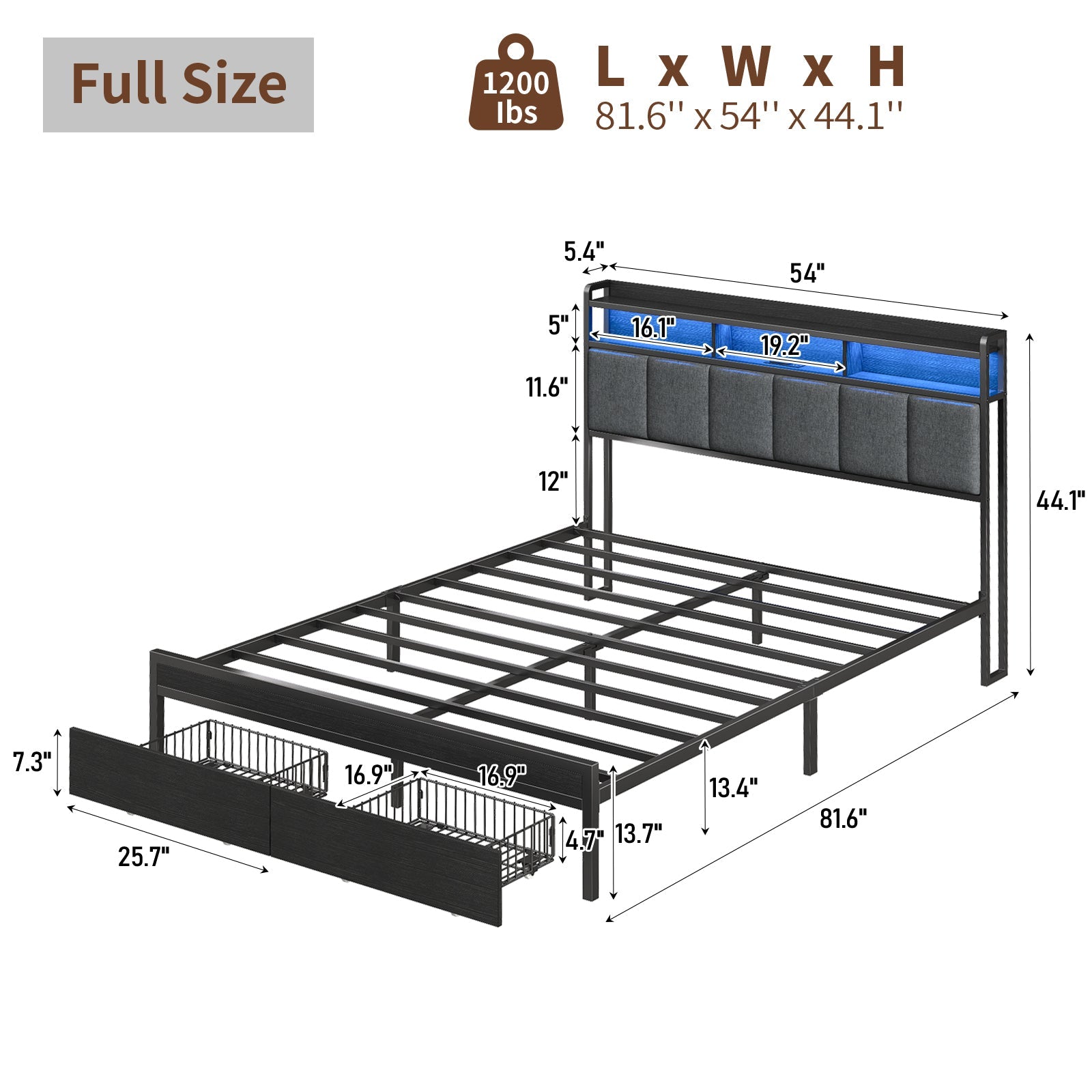 Yanosaku BF016 - BL Full/Queen Bed Frame with RGB LED Headboard, Charging Station, 2 Drawers, 2 USB & 2 AC Outlets, Easy Assembly, No Box Spring, Black - Yanosaku SotreFurnitureBF016-BL-1