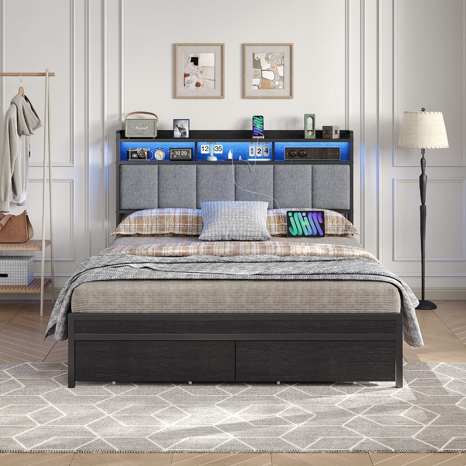 Yanosaku BF016 - BL Full/Queen Bed Frame with RGB LED Headboard, Charging Station, 2 Drawers, 2 USB & 2 AC Outlets, Easy Assembly, No Box Spring, Black - Yanosaku SotreFurnitureBF016-BL-1