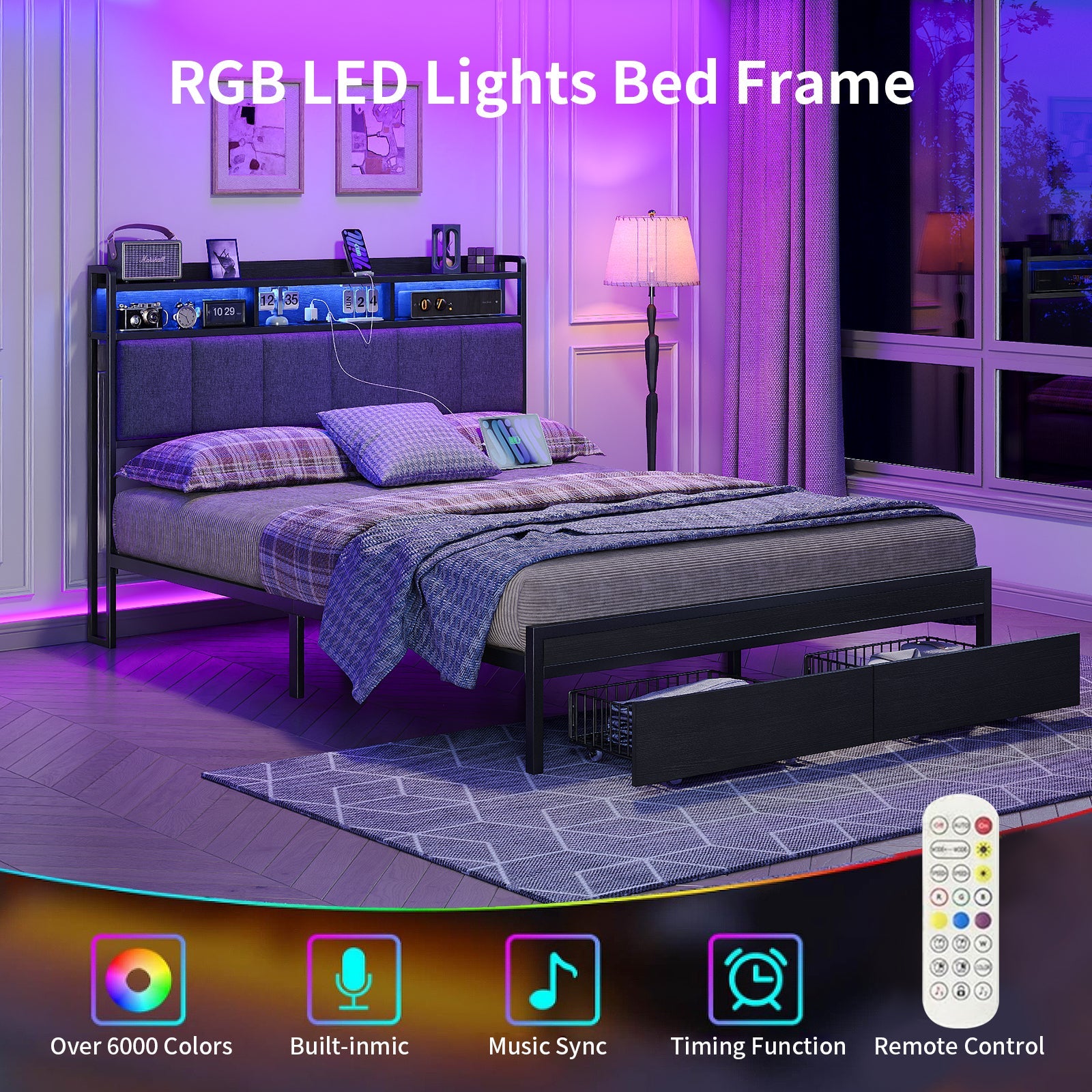 Yanosaku BF016 - BL Full/Queen Bed Frame with RGB LED Headboard, Charging Station, 2 Drawers, 2 USB & 2 AC Outlets, Easy Assembly, No Box Spring, Black - Yanosaku SotreFurnitureBF016-BL-2
