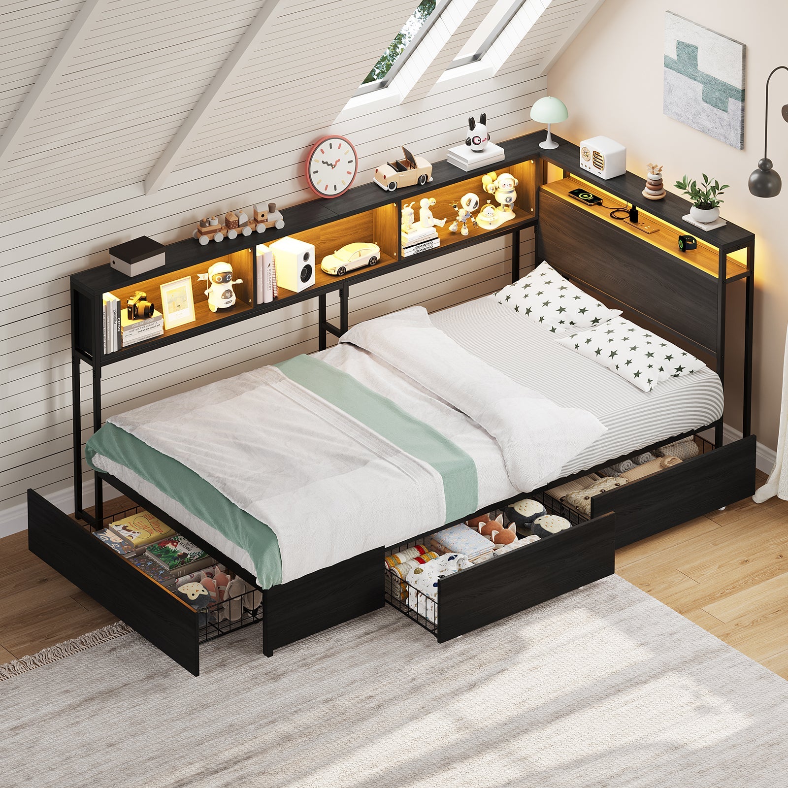 Yanosaku BF017 - BL - T Twin Corner Bed Frame with RGB LED Headboard, Charging Station & 3 Drawers, Metal Platform Daybed for Kids/Teens, Black - Yanosaku SotreFurnitureBF017-BL-T