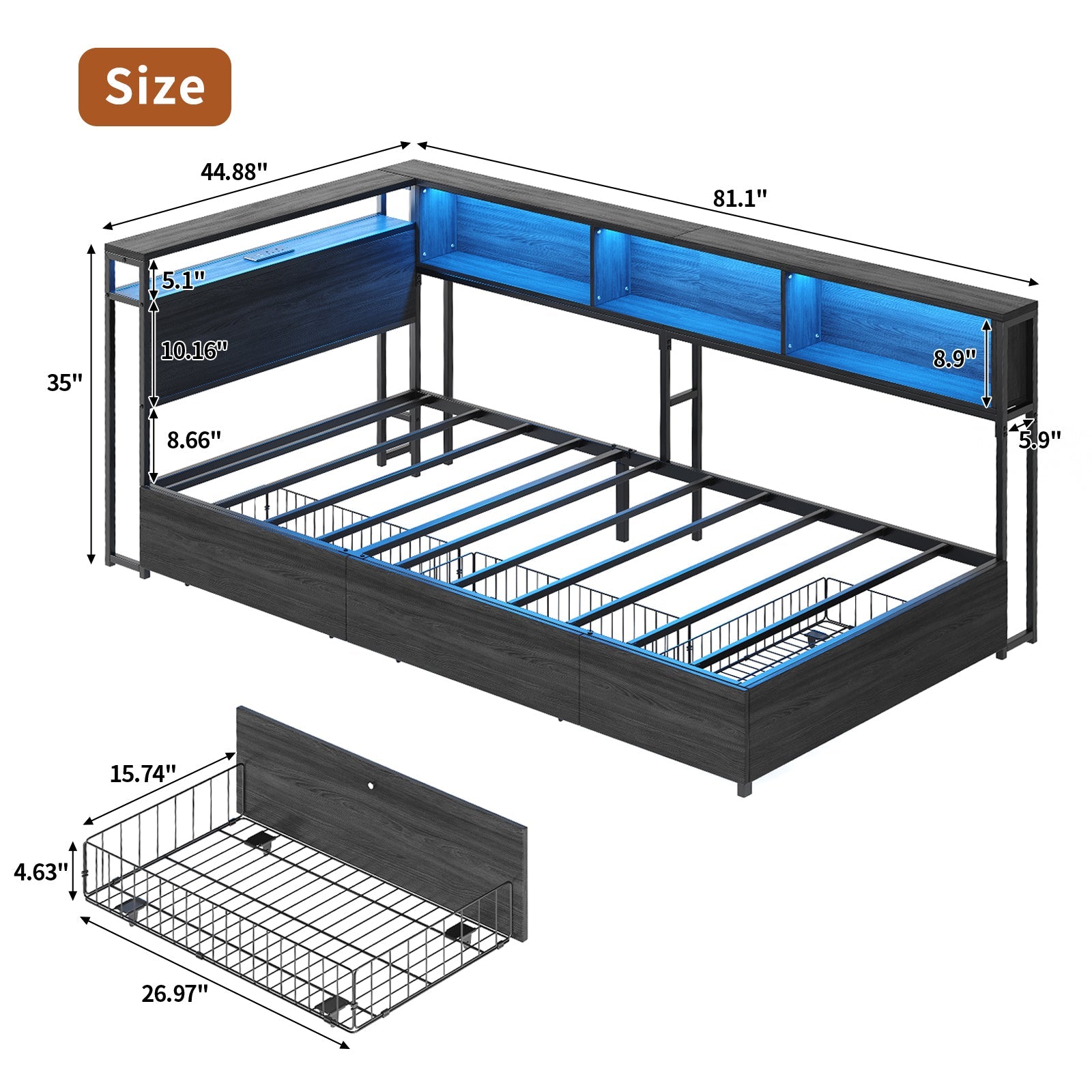 Yanosaku BF017 - BL - T Twin Corner Bed Frame with RGB LED Headboard, Charging Station & 3 Drawers, Metal Platform Daybed for Kids/Teens, Black - Yanosaku SotreFurnitureBF017-BL-T