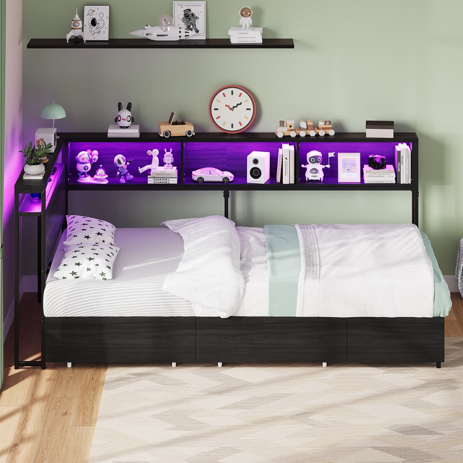 Yanosaku BF017 - BL - T Twin Corner Bed Frame with RGB LED Headboard, Charging Station & 3 Drawers, Metal Platform Daybed for Kids/Teens, Black - Yanosaku SotreFurnitureBF017-BL-T