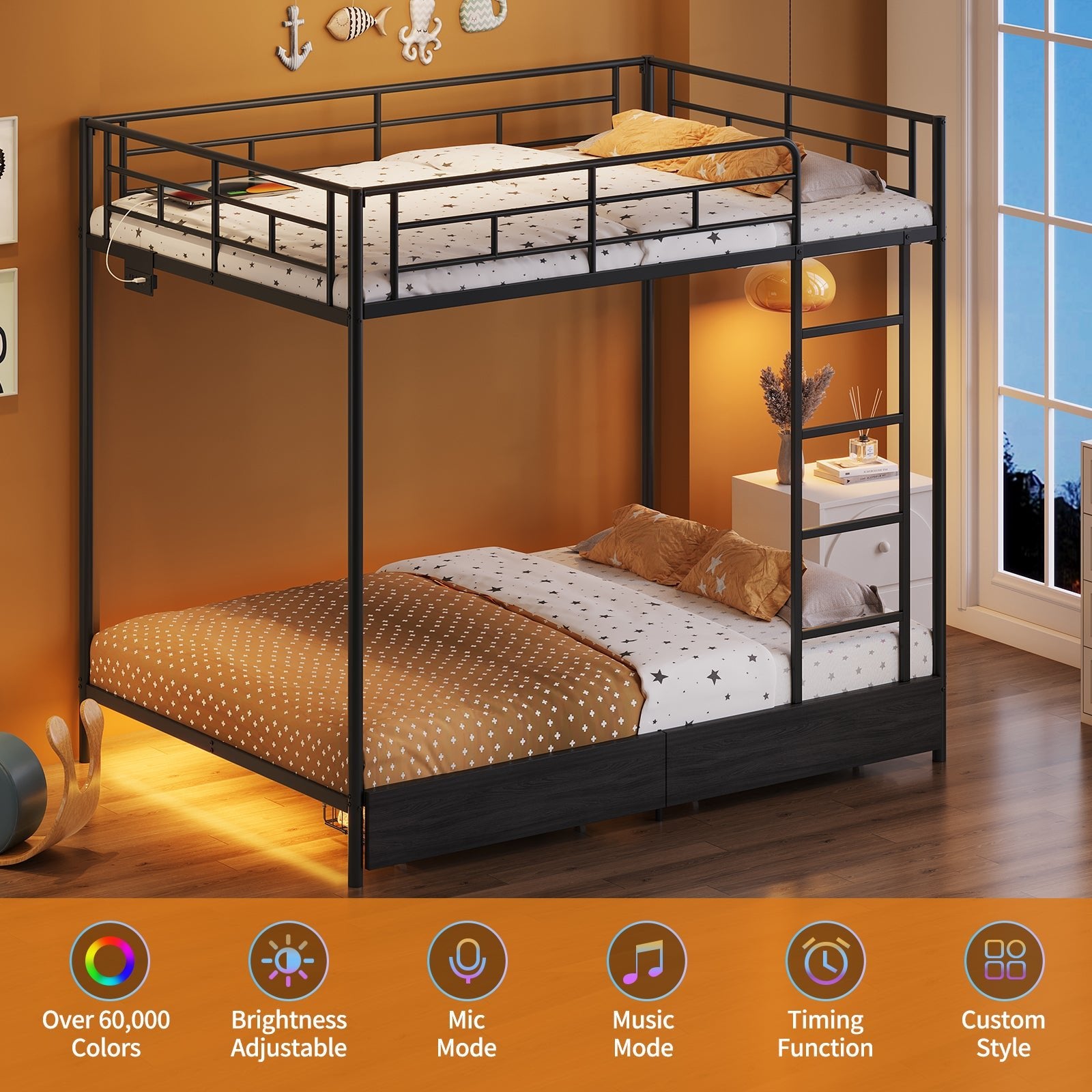 Yanosaku BF018 - BL Twin/Full Metal Bunk Bed with LED, Charging Station, 2 Drawers, Guard Rails & Ladder, No Box Spring, Black - Yanosaku SotreFurnitureBF018-BL-2