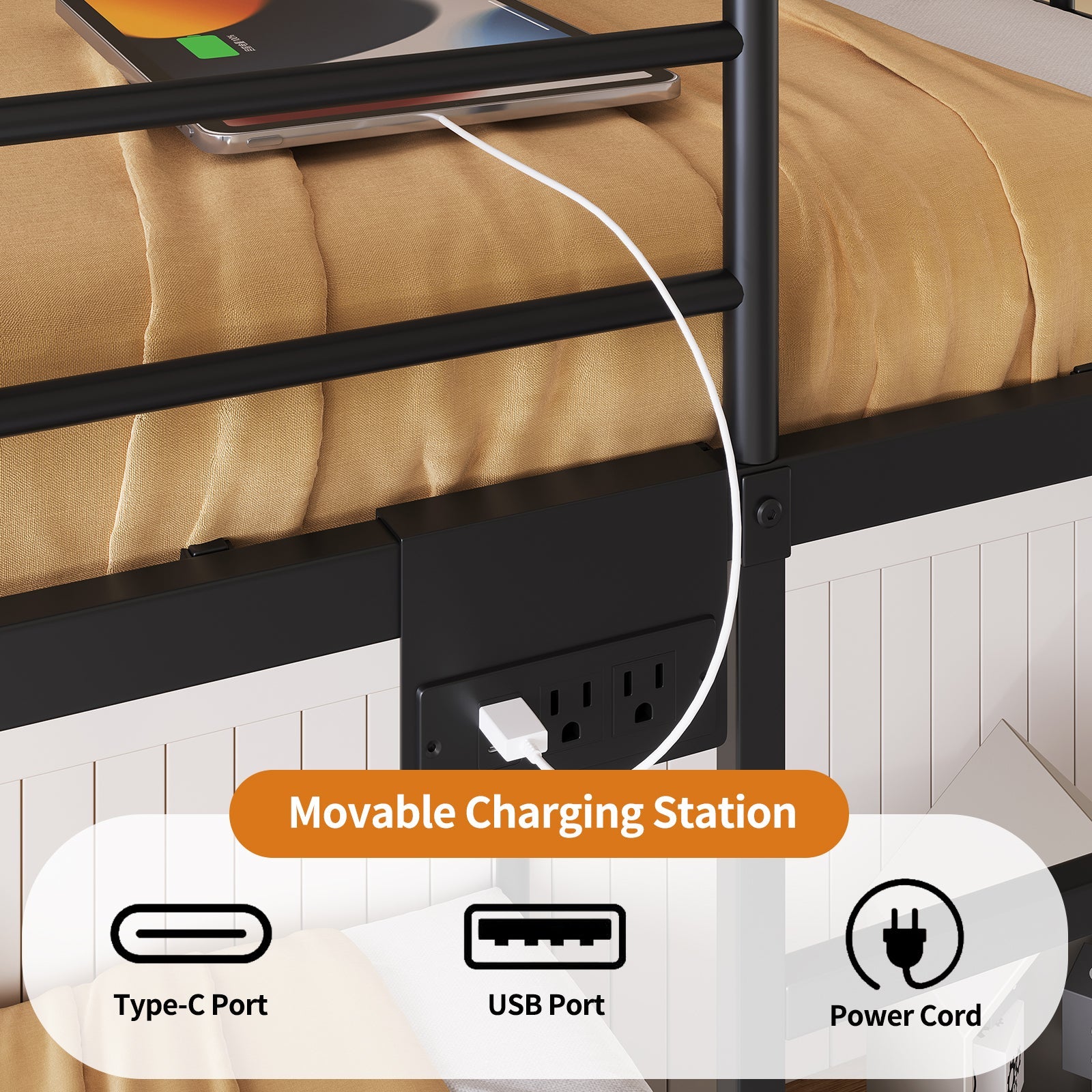 Yanosaku BF018 - BL Twin/Full Metal Bunk Bed with LED, Charging Station, 2 Drawers, Guard Rails & Ladder, No Box Spring, Black - Yanosaku SotreFurnitureBF018-BL-2