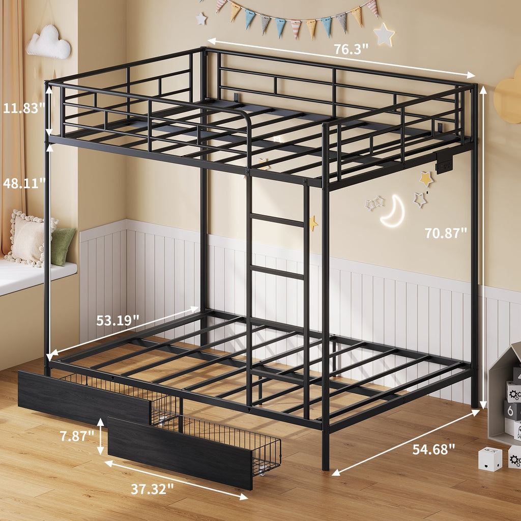 Yanosaku BF018 - BL Twin/Full Metal Bunk Bed with LED, Charging Station, 2 Drawers, Guard Rails & Ladder, No Box Spring, Black - Yanosaku SotreFurnitureBF018-BL-1