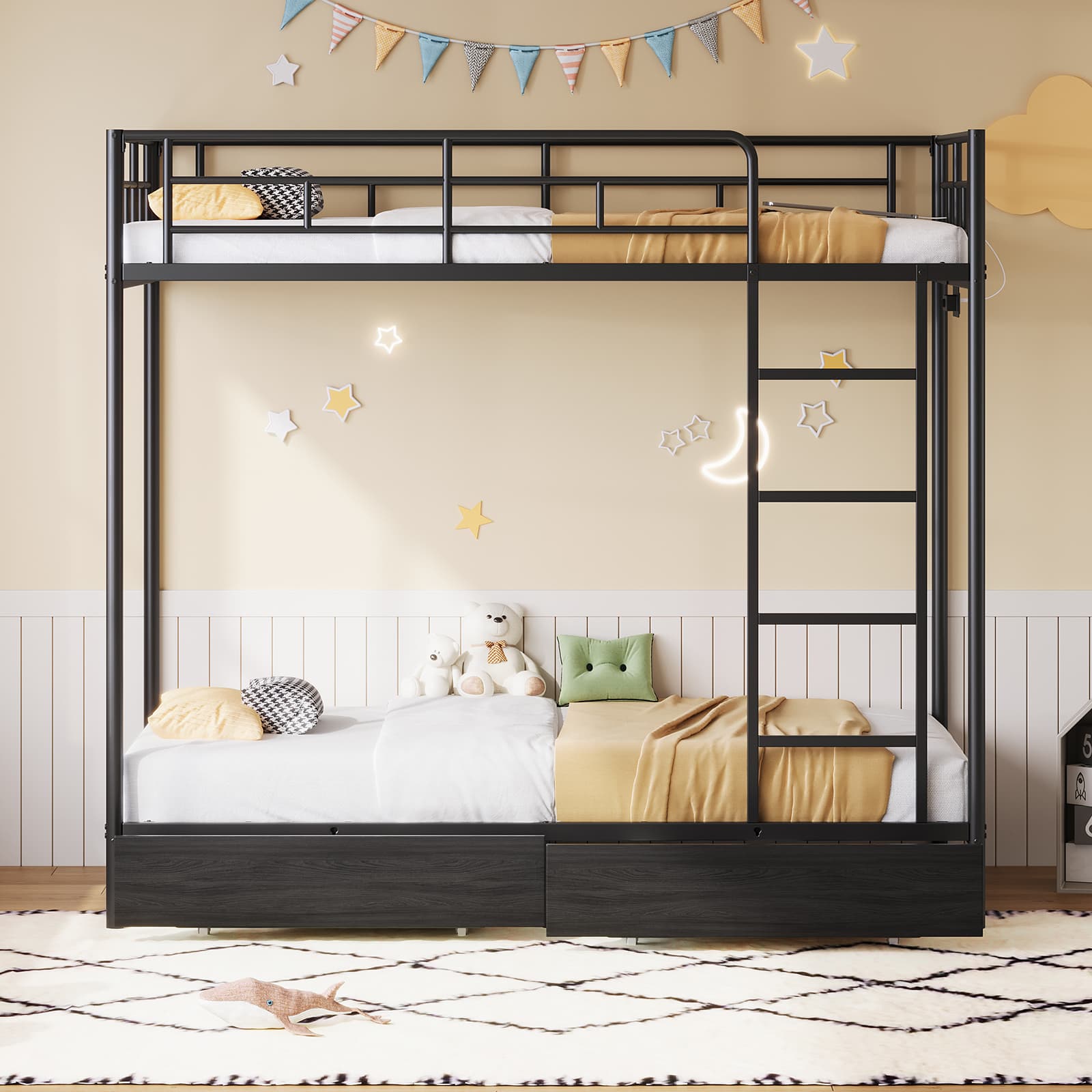 Yanosaku BF018 - BL Twin/Full Metal Bunk Bed with LED, Charging Station, 2 Drawers, Guard Rails & Ladder, No Box Spring, Black - Yanosaku SotreFurnitureBF018-BL-1
