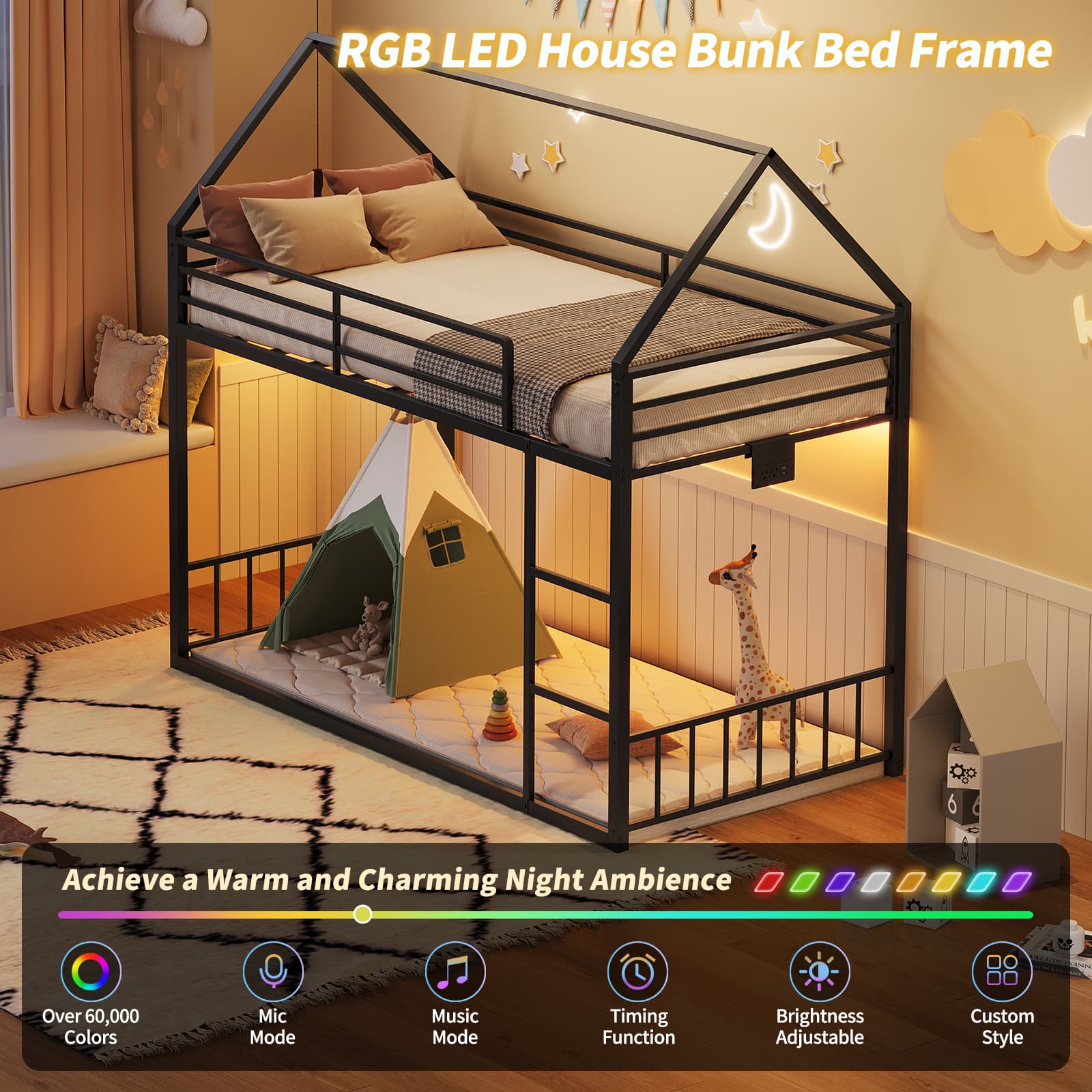 Yanosaku BF019 - BK - T Twin Bunk Bed Frame with Charging Station & RGB LED, Easy Assembly, Storage Space, House Metal Frame with Ladder - Yanosaku SotreFurnitureBF019-BK-T