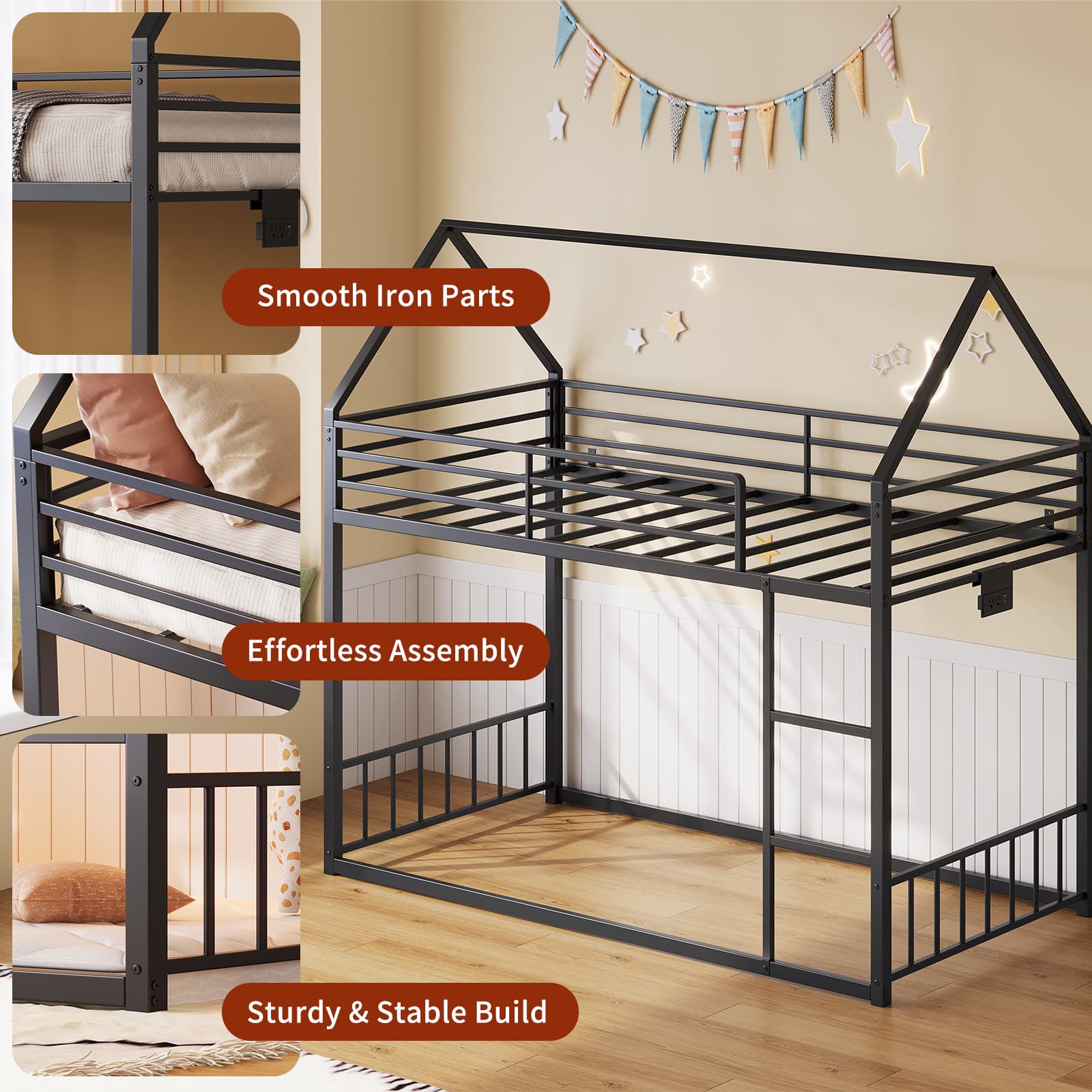 Yanosaku BF019 - BK - T Twin Bunk Bed Frame with Charging Station & RGB LED, Easy Assembly, Storage Space, House Metal Frame with Ladder - Yanosaku SotreFurnitureBF019-BK-T