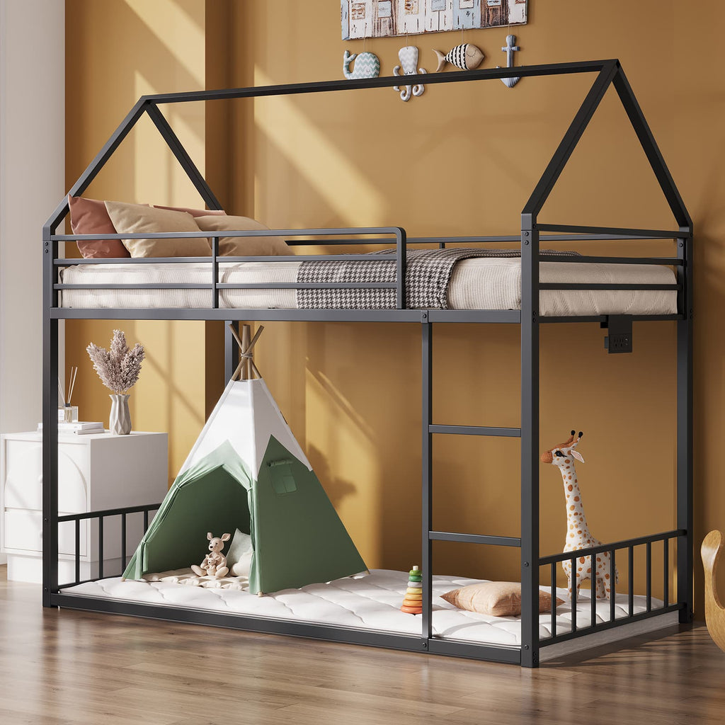 Yanosaku BF019 - BK - T Twin Bunk Bed Frame with Charging Station & RGB LED, Easy Assembly, Storage Space, House Metal Frame with Ladder - Yanosaku SotreFurnitureBF019-BK-T