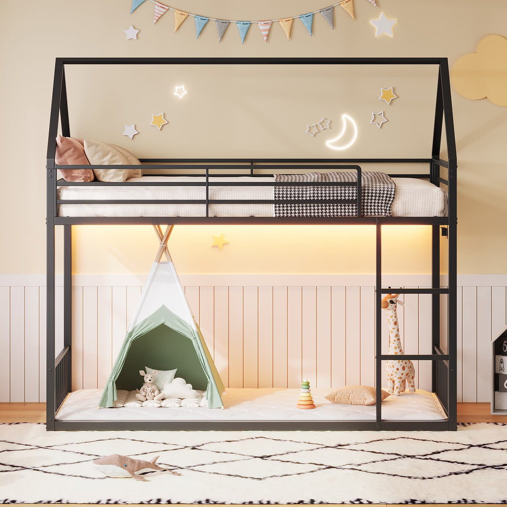 Yanosaku BF019 - BK - T Twin Bunk Bed Frame with Charging Station & RGB LED, Easy Assembly, Storage Space, House Metal Frame with Ladder - Yanosaku SotreFurnitureBF019-BK-T