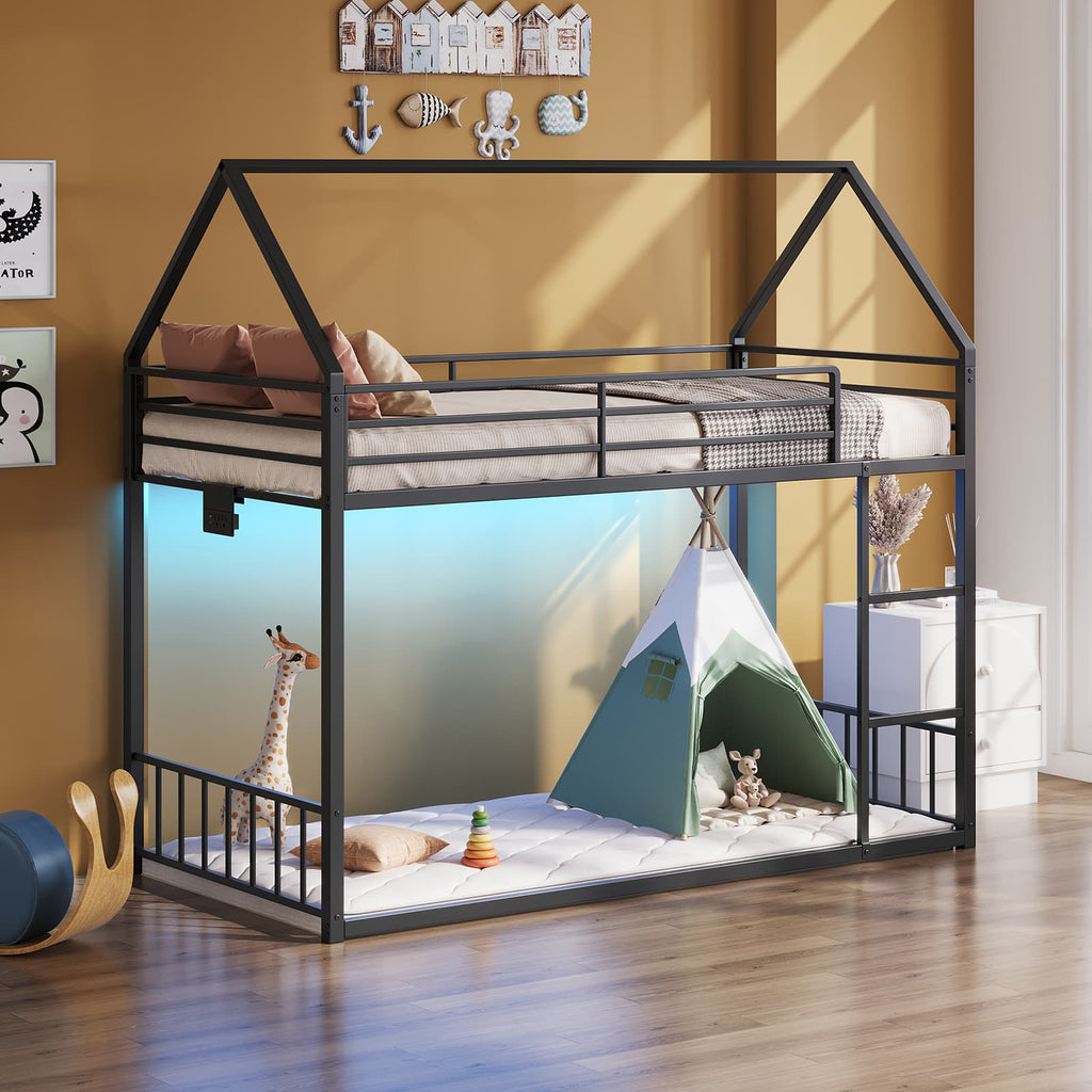 Yanosaku BF019 - BK - T Twin Bunk Bed Frame with Charging Station & RGB LED, Easy Assembly, Storage Space, House Metal Frame with Ladder - Yanosaku SotreFurnitureBF019-BK-T