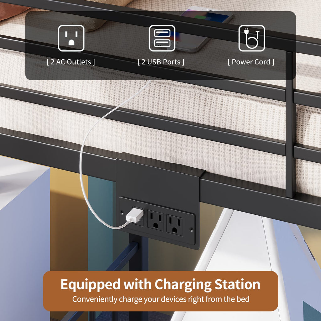 Yanosaku BF019 - BK - T Twin Bunk Bed Frame with Charging Station & RGB LED, Easy Assembly, Storage Space, House Metal Frame with Ladder - Yanosaku SotreFurnitureBF019-BK-T