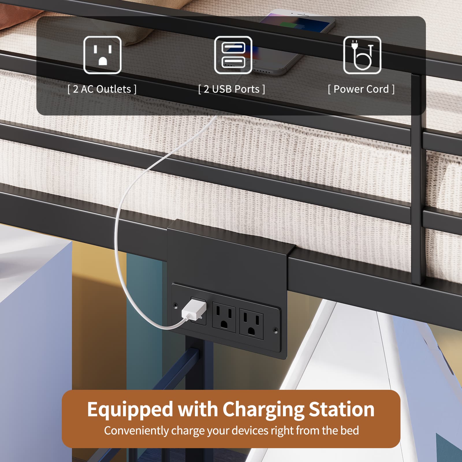 Yanosaku BF019 - BK - T Twin Bunk Bed Frame with Charging Station & RGB LED, Easy Assembly, Storage Space, House Metal Frame with Ladder - Yanosaku SotreFurnitureBF019-BK-T