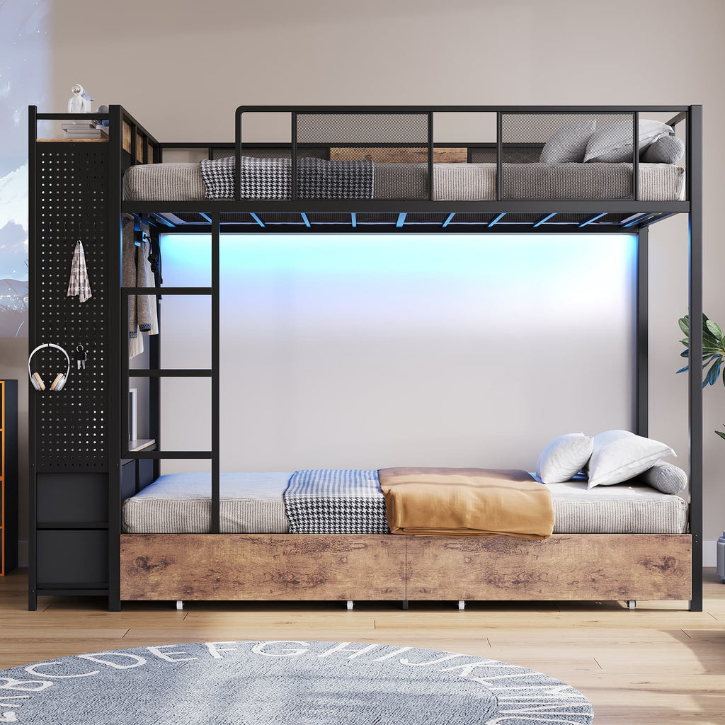 Yanosaku BF020 - YW - T Twin Bunk Bed Frame with Hall Tree, LED & Power Outlet, 6 Storage Drawers, Rustic Brown - Yanosaku SotreFurnitureBF020-YW-T