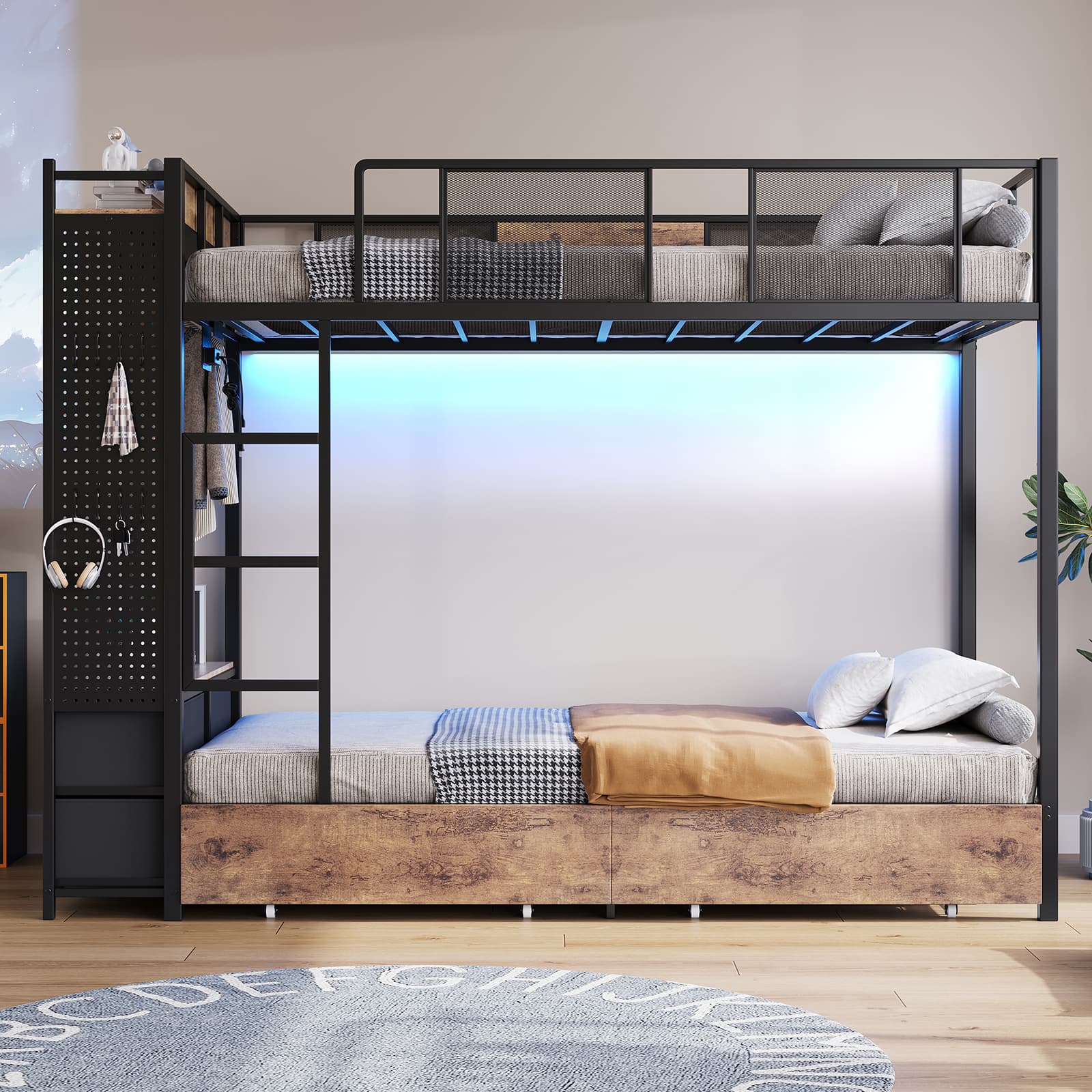 Yanosaku BF020 - YW - T Twin Bunk Bed Frame with Hall Tree, LED & Power Outlet, 6 Storage Drawers, Rustic Brown - Yanosaku SotreFurnitureBF020-YW-T