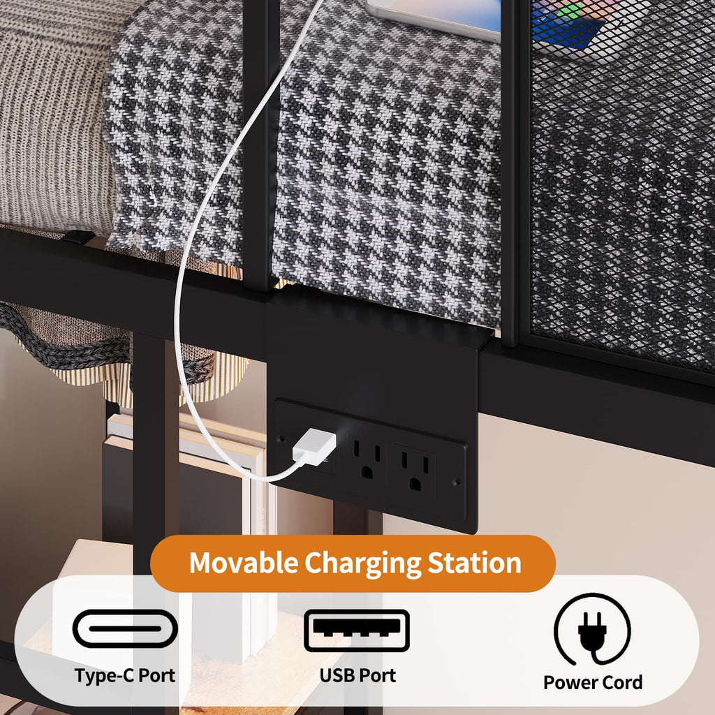 Yanosaku BF020 - YW - T Twin Bunk Bed Frame with Hall Tree, LED & Power Outlet, 6 Storage Drawers, Rustic Brown - Yanosaku SotreFurnitureBF020-YW-T