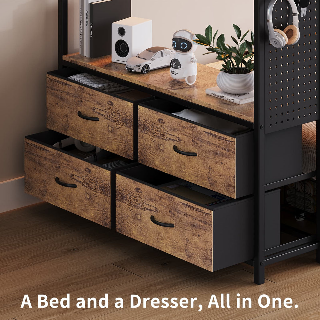 Yanosaku BF020 - YW - T Twin Bunk Bed Frame with Hall Tree, LED & Power Outlet, 6 Storage Drawers, Rustic Brown - Yanosaku SotreFurnitureBF020-YW-T