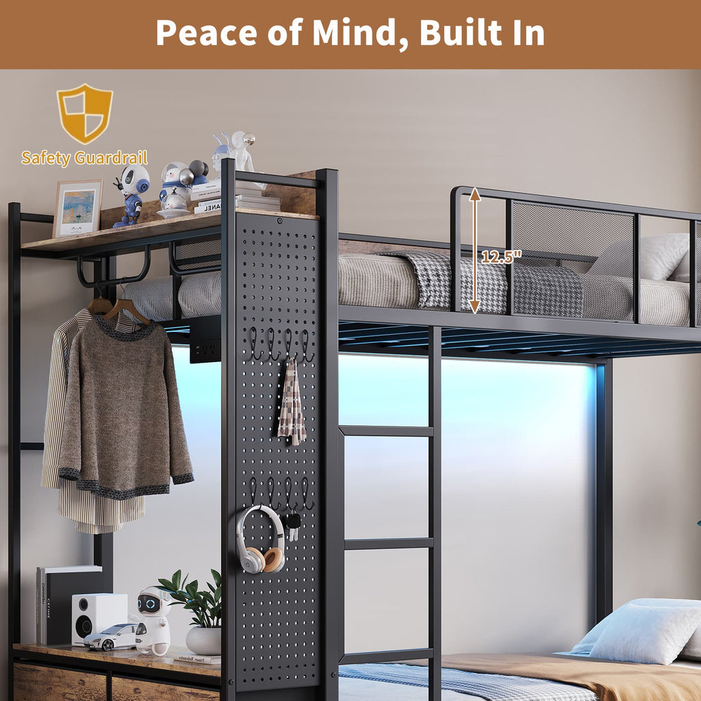 Yanosaku BF020 - YW - T Twin Bunk Bed Frame with Hall Tree, LED & Power Outlet, 6 Storage Drawers, Rustic Brown - Yanosaku SotreFurnitureBF020-YW-T