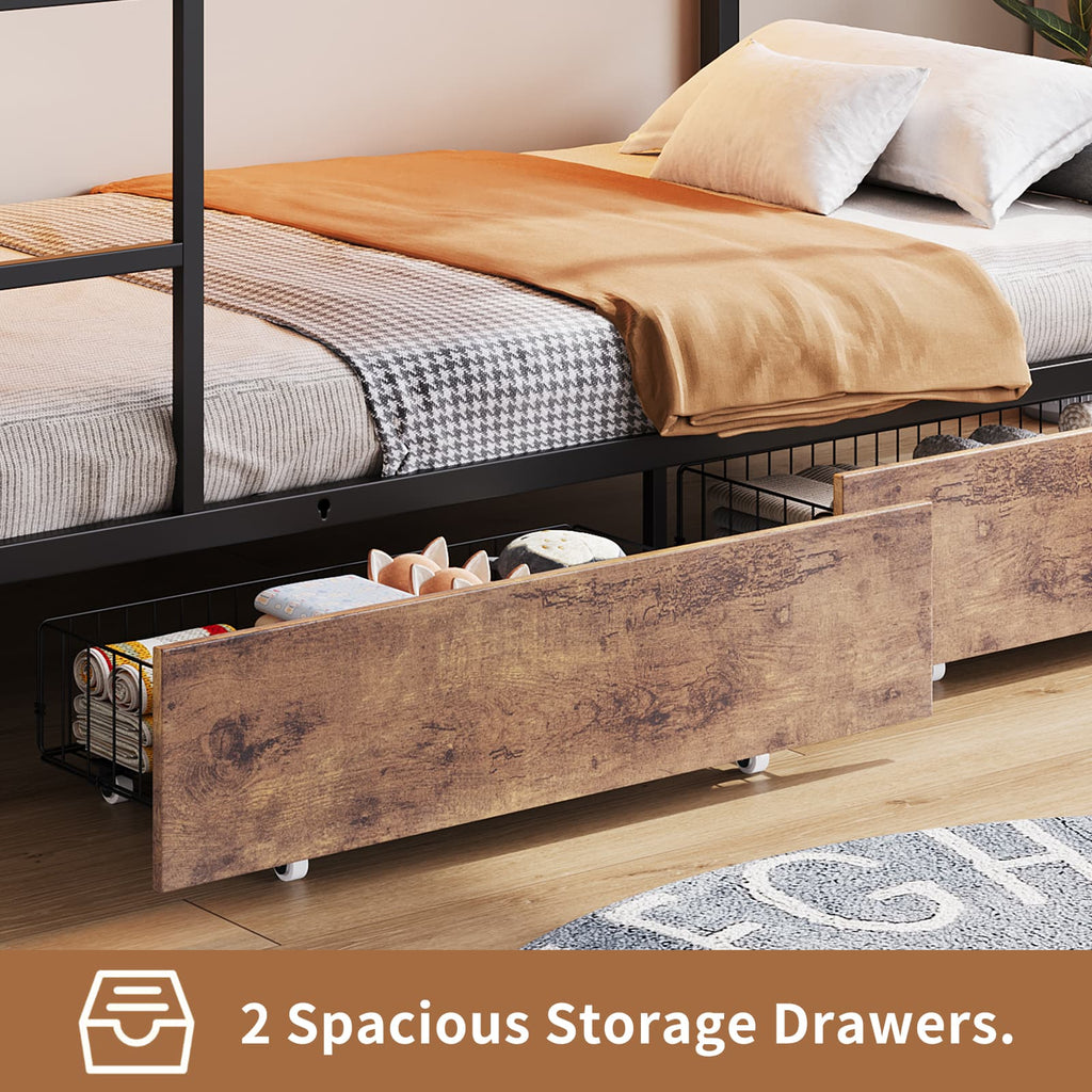 Yanosaku BF020 - YW - T Twin Bunk Bed Frame with Hall Tree, LED & Power Outlet, 6 Storage Drawers, Rustic Brown - Yanosaku SotreFurnitureBF020-YW-T