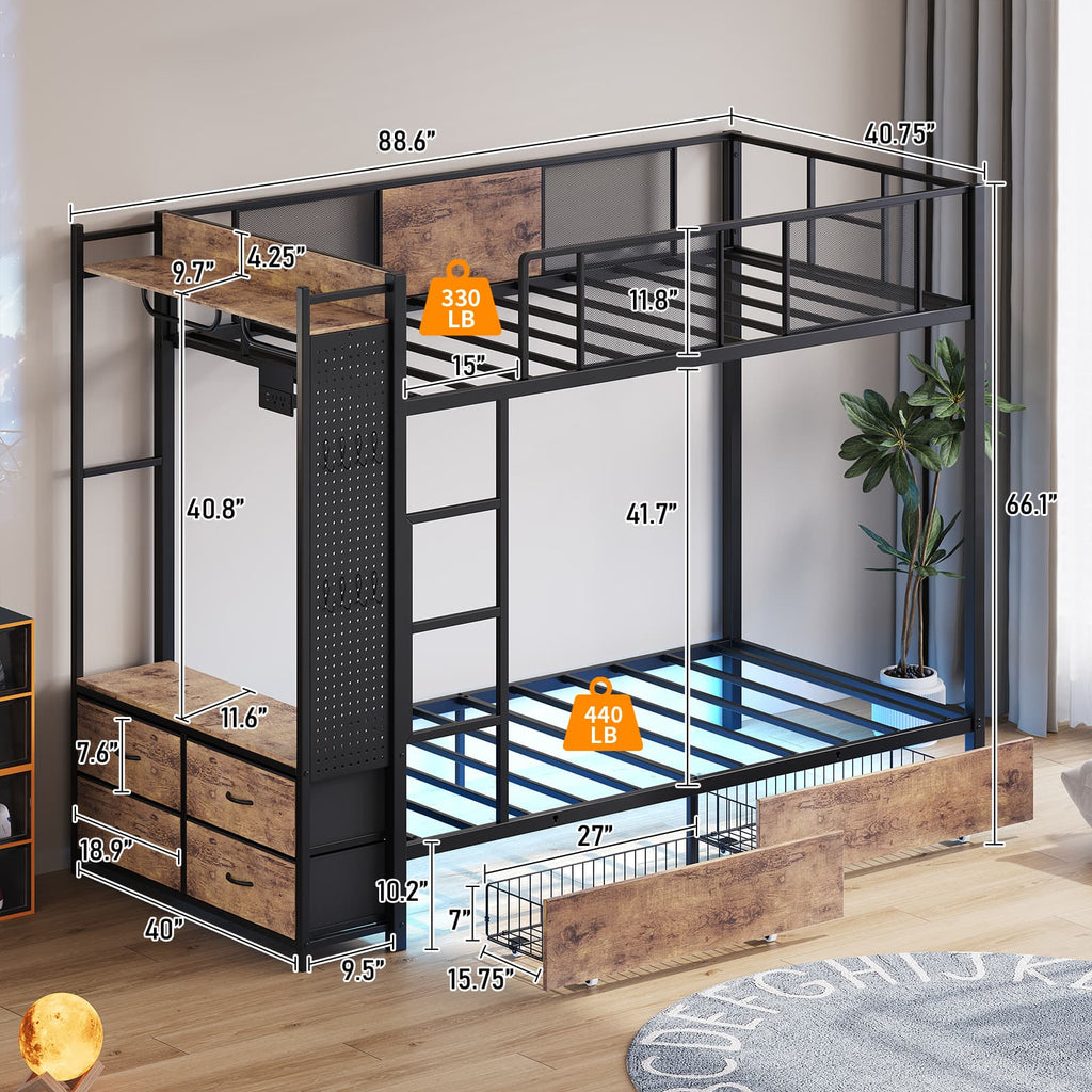 Yanosaku BF020 - YW - T Twin Bunk Bed Frame with Hall Tree, LED & Power Outlet, 6 Storage Drawers, Rustic Brown - Yanosaku SotreFurnitureBF020-YW-T