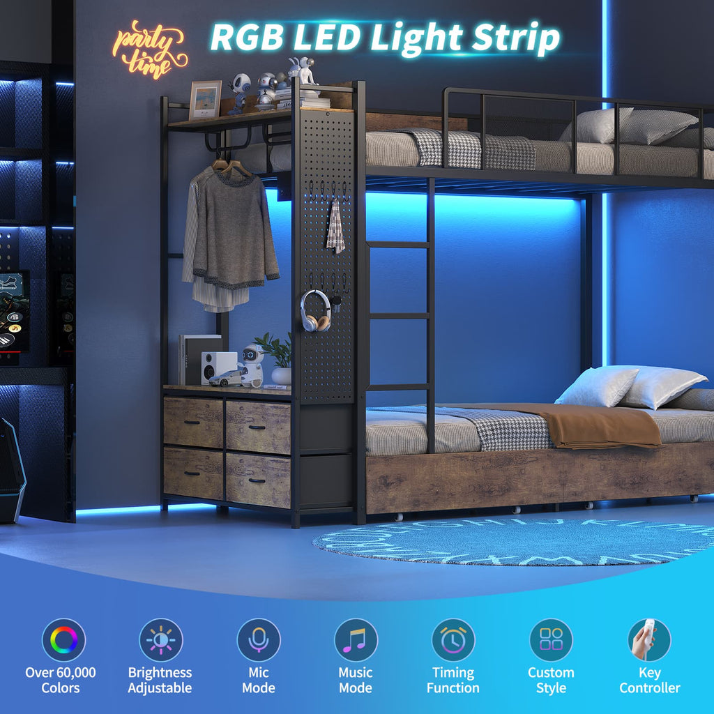 Yanosaku BF020 - YW - T Twin Bunk Bed Frame with Hall Tree, LED & Power Outlet, 6 Storage Drawers, Rustic Brown - Yanosaku SotreFurnitureBF020-YW-T