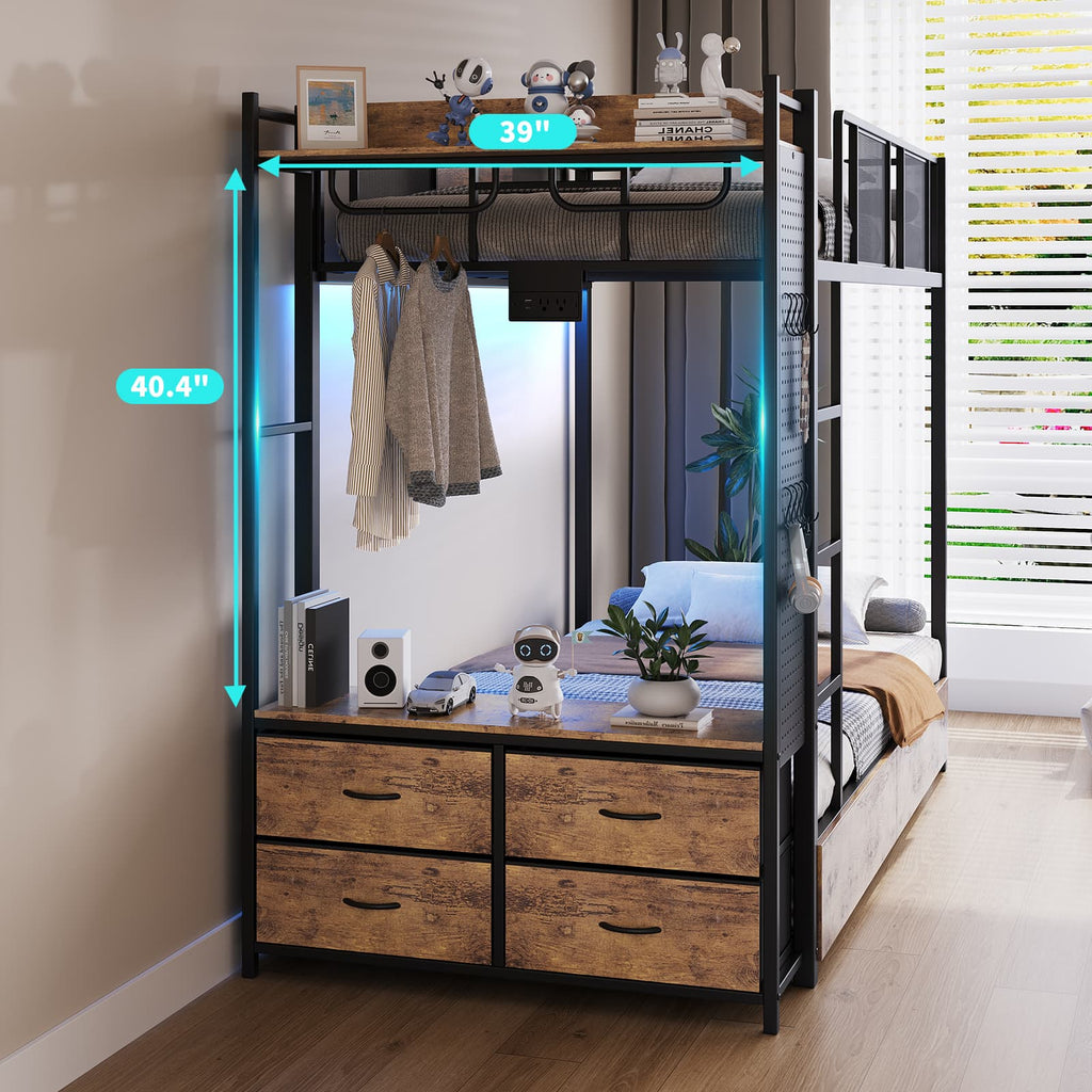 Yanosaku BF020 - YW - T Twin Bunk Bed Frame with Hall Tree, LED & Power Outlet, 6 Storage Drawers, Rustic Brown - Yanosaku SotreFurnitureBF020-YW-T