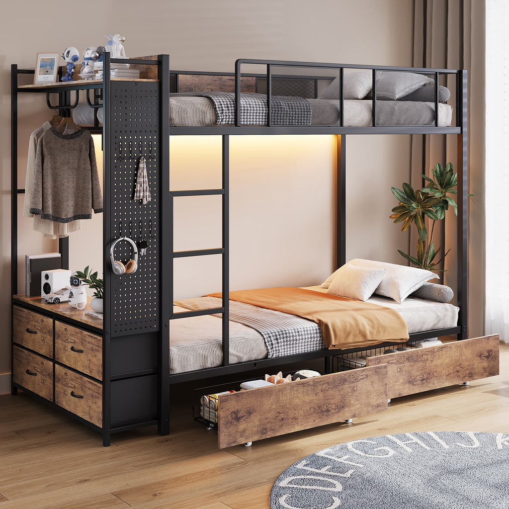 Yanosaku BF020 - YW - T Twin Bunk Bed Frame with Hall Tree, LED & Power Outlet, 6 Storage Drawers, Rustic Brown - Yanosaku SotreFurnitureBF020-YW-T