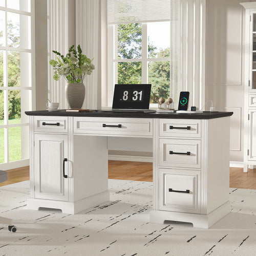 Yanosaku CPT001 58''W Farmhouse Executive Desk, Home Office Desk with Power Oultet White - Yanosaku SotreFurnitureCPT001