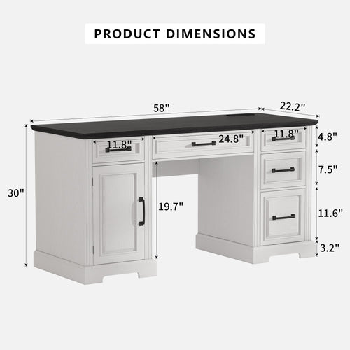 Yanosaku CPT001 58''W Farmhouse Executive Desk, Home Office Desk with Power Oultet White - Yanosaku SotreFurnitureCPT001