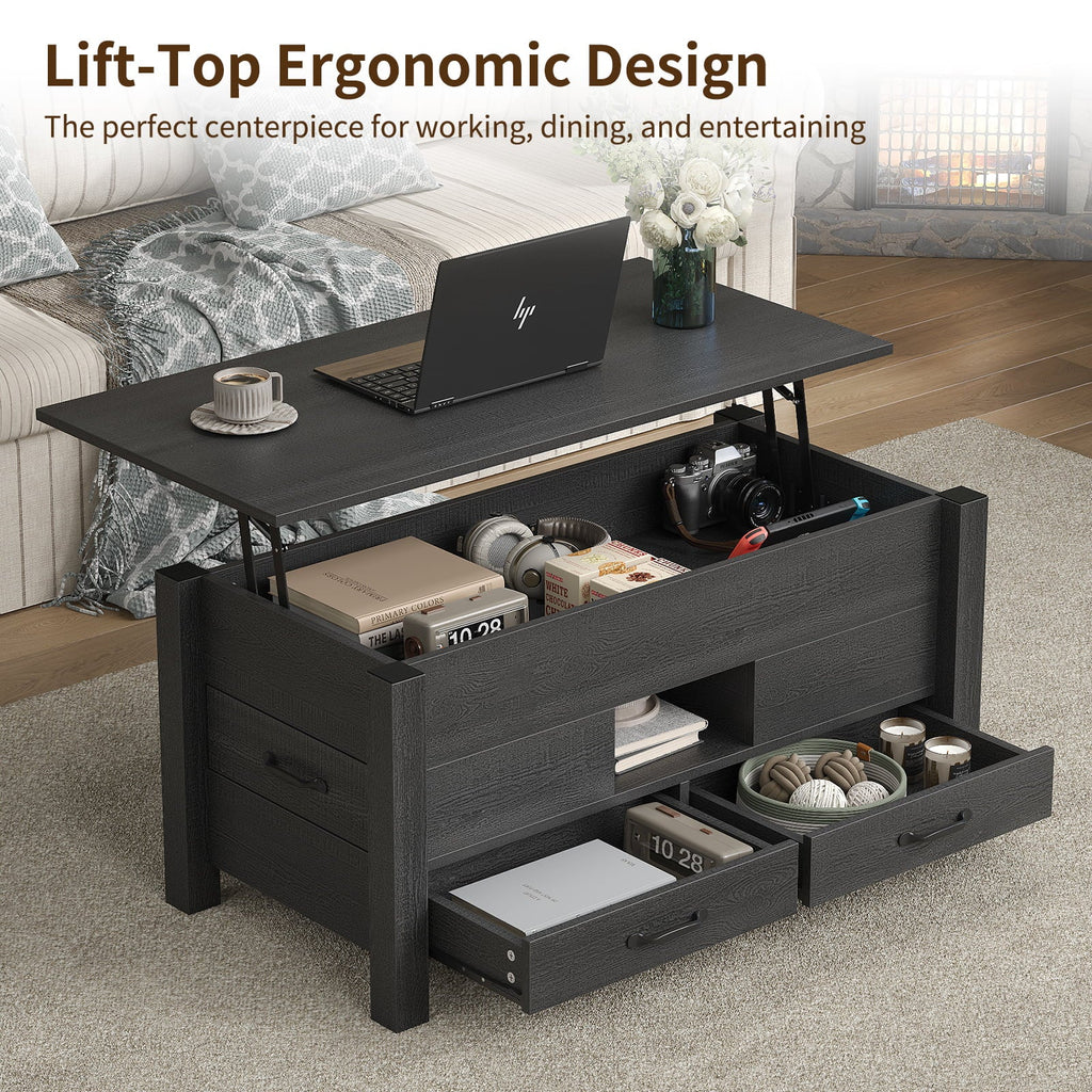 Yanosaku CT002 Lift Top Coffee Table with 4 Drawers & Hidden Compartment, Modern Farmhouse Black - Yanosaku SotreFurniture