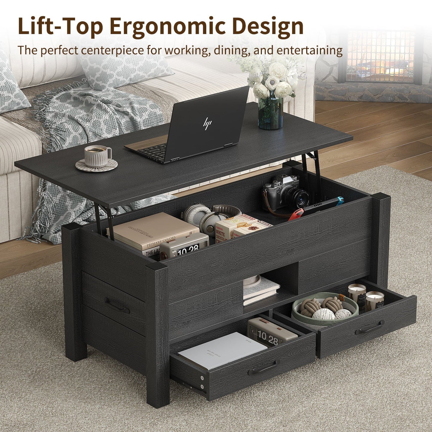 Yanosaku CT002 Lift Top Coffee Table with 4 Drawers & Hidden Compartment, Modern Farmhouse Black - Yanosaku SotreFurniture