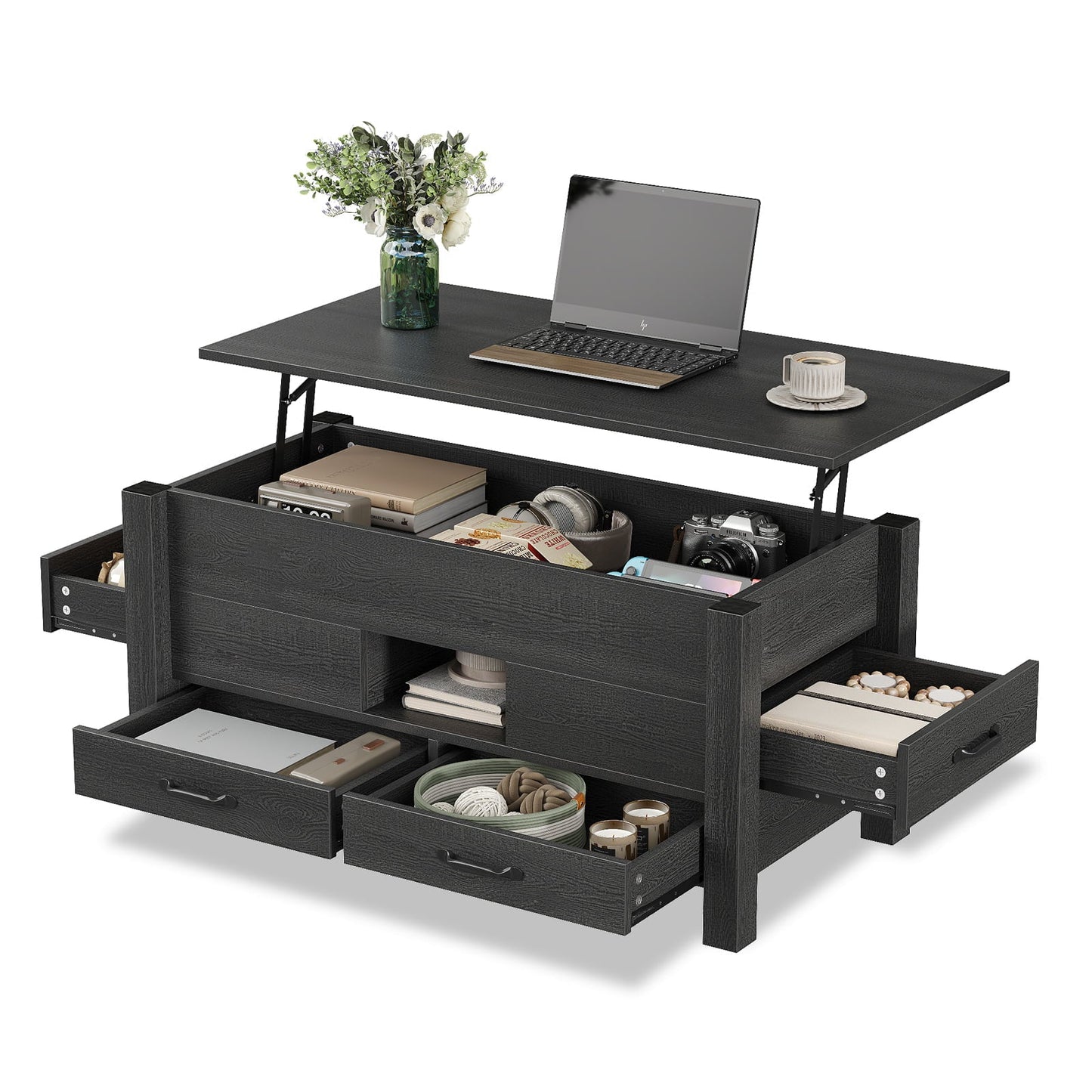 Yanosaku CT002 Lift Top Coffee Table with 4 Drawers & Hidden Compartment, Modern Farmhouse Black - Yanosaku SotreFurniture