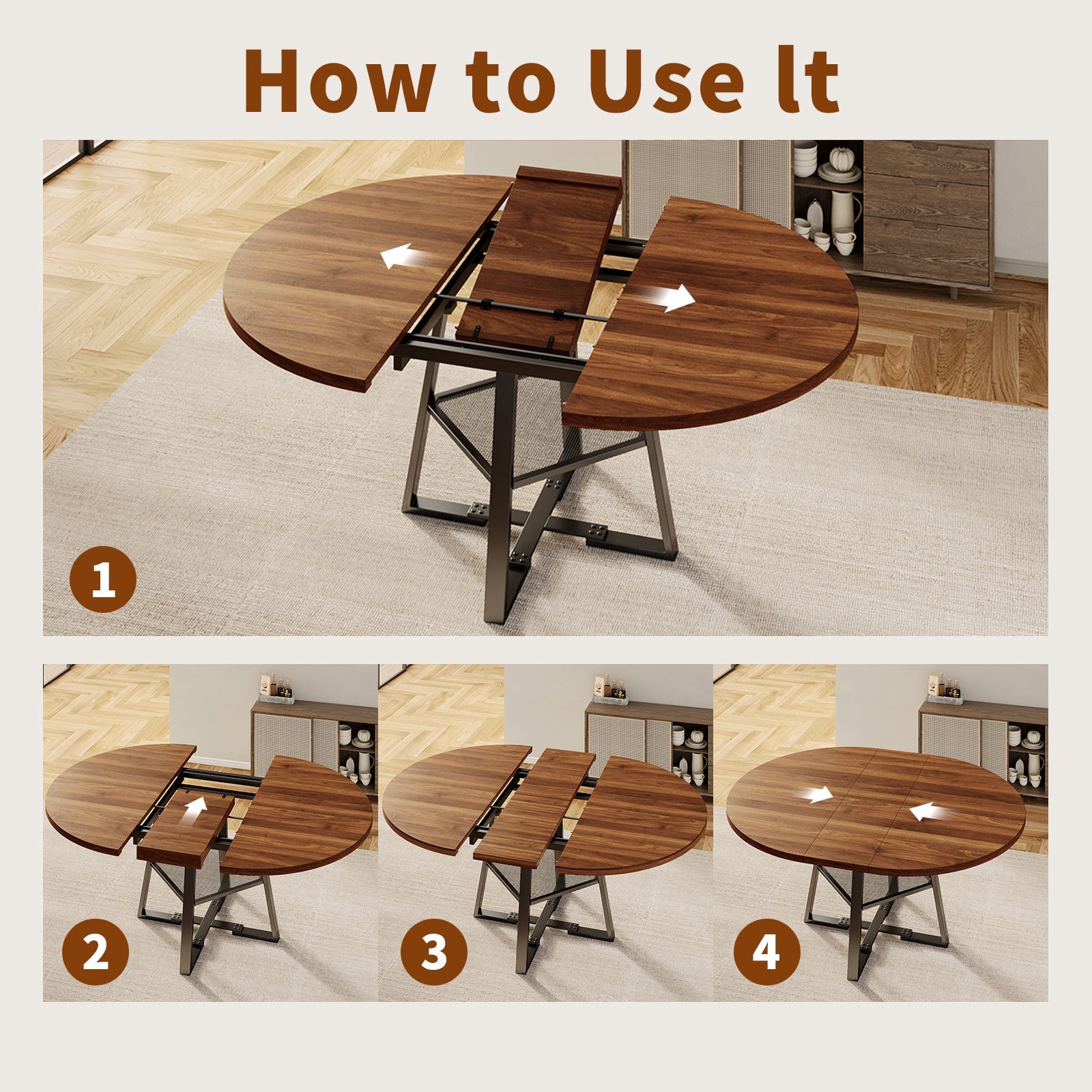 Yanosaku DT001 47" Extendable Round Table for 4–8, Walnut Metal Frame - Yanosaku SotreFurnitureDT001-WA