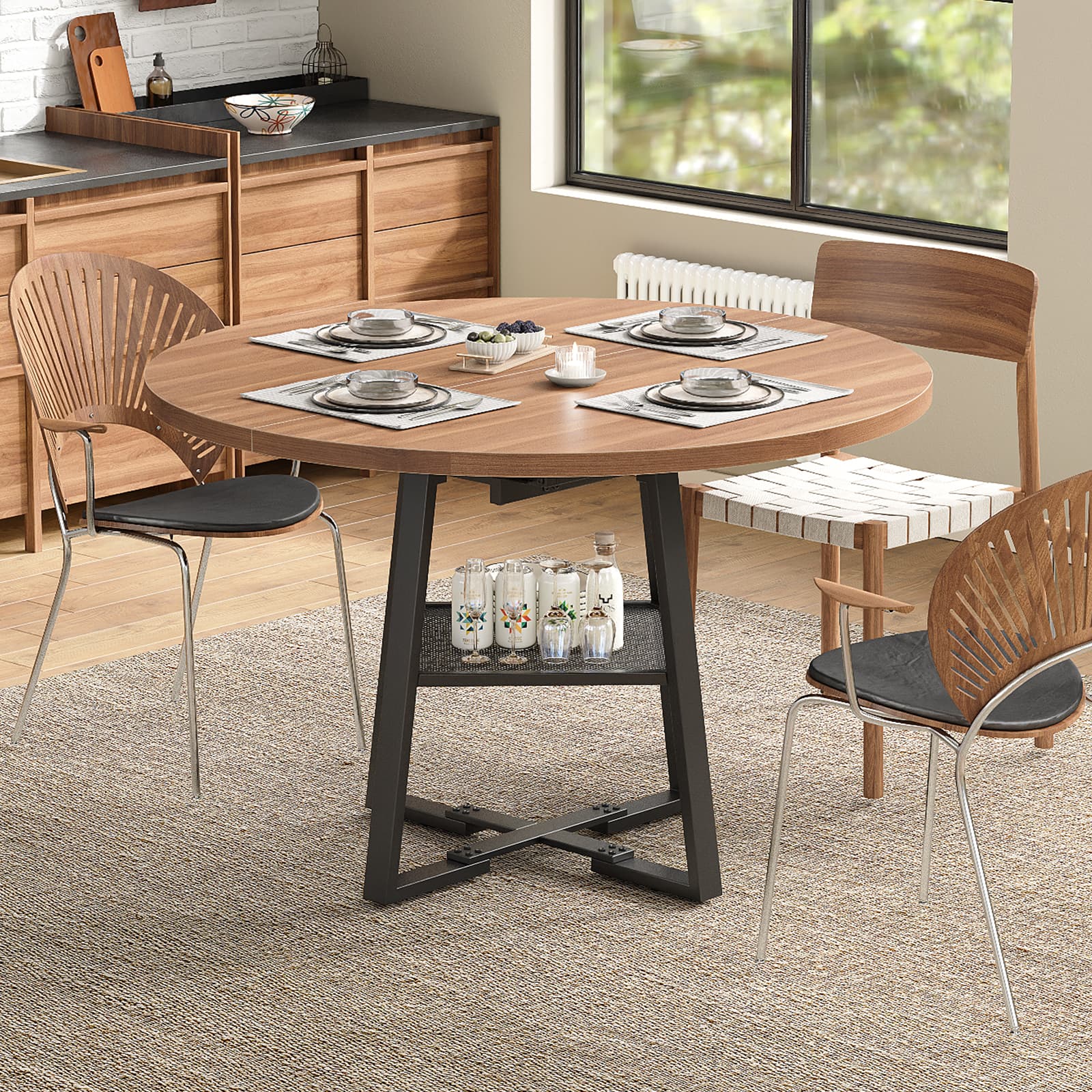 Yanosaku DT001 47" Extendable Round Table for 4–8, Walnut Metal Frame - Yanosaku SotreFurnitureDT001-WA