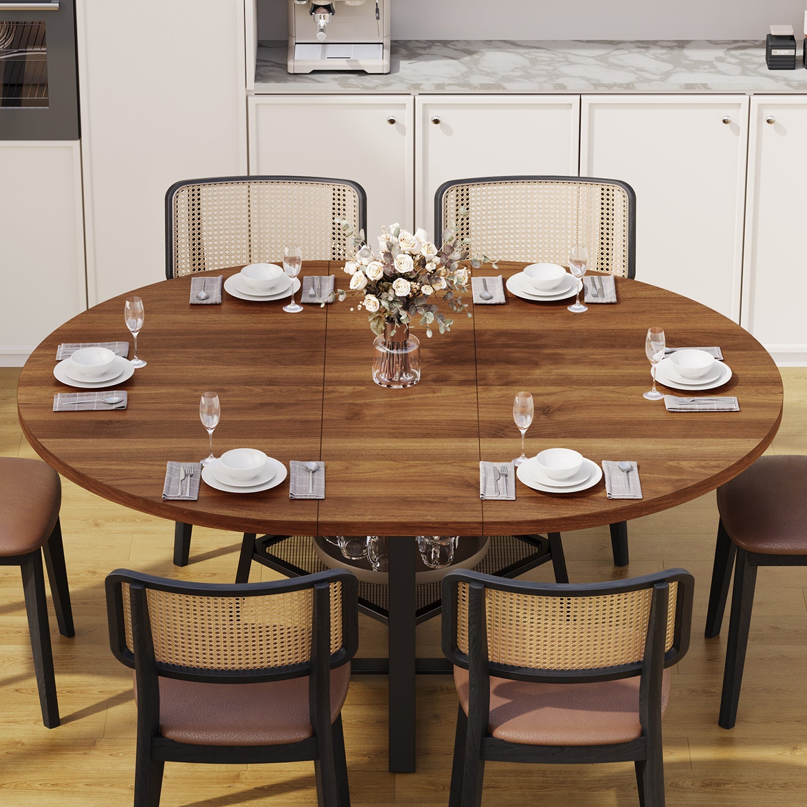 Yanosaku DT001 47" Extendable Round Table for 4–8, Walnut Metal Frame - Yanosaku SotreFurnitureDT001-WA