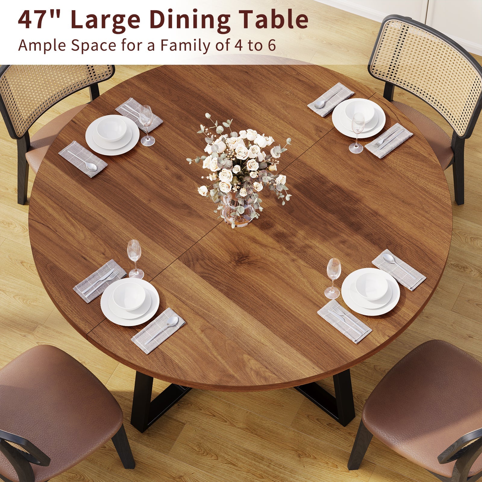 Yanosaku DT001 47" Extendable Round Table for 4–8, Walnut Metal Frame - Yanosaku SotreFurnitureDT001-WA