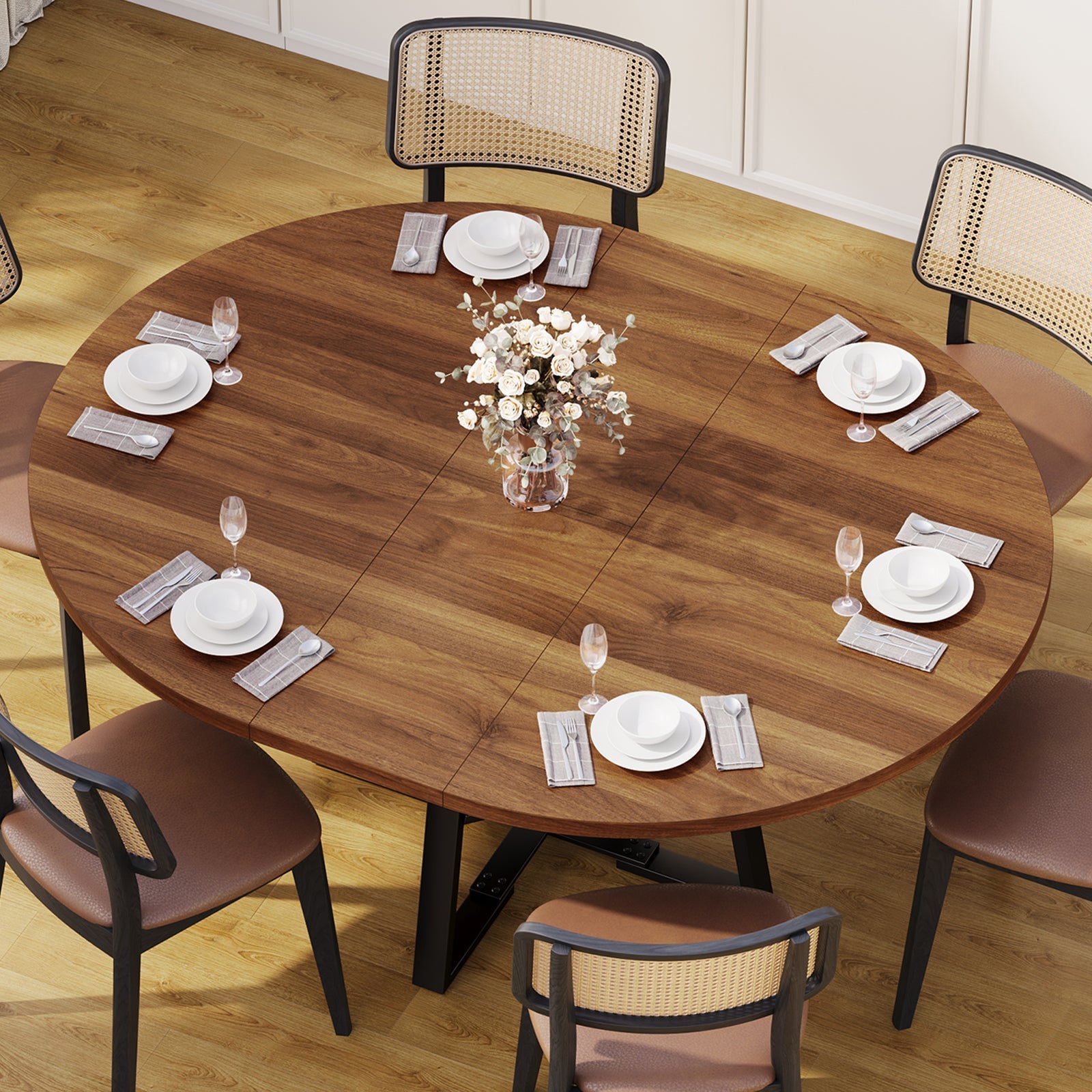 Yanosaku DT001 47" Extendable Round Table for 4–8, Walnut Metal Frame - Yanosaku SotreFurnitureDT001-WA