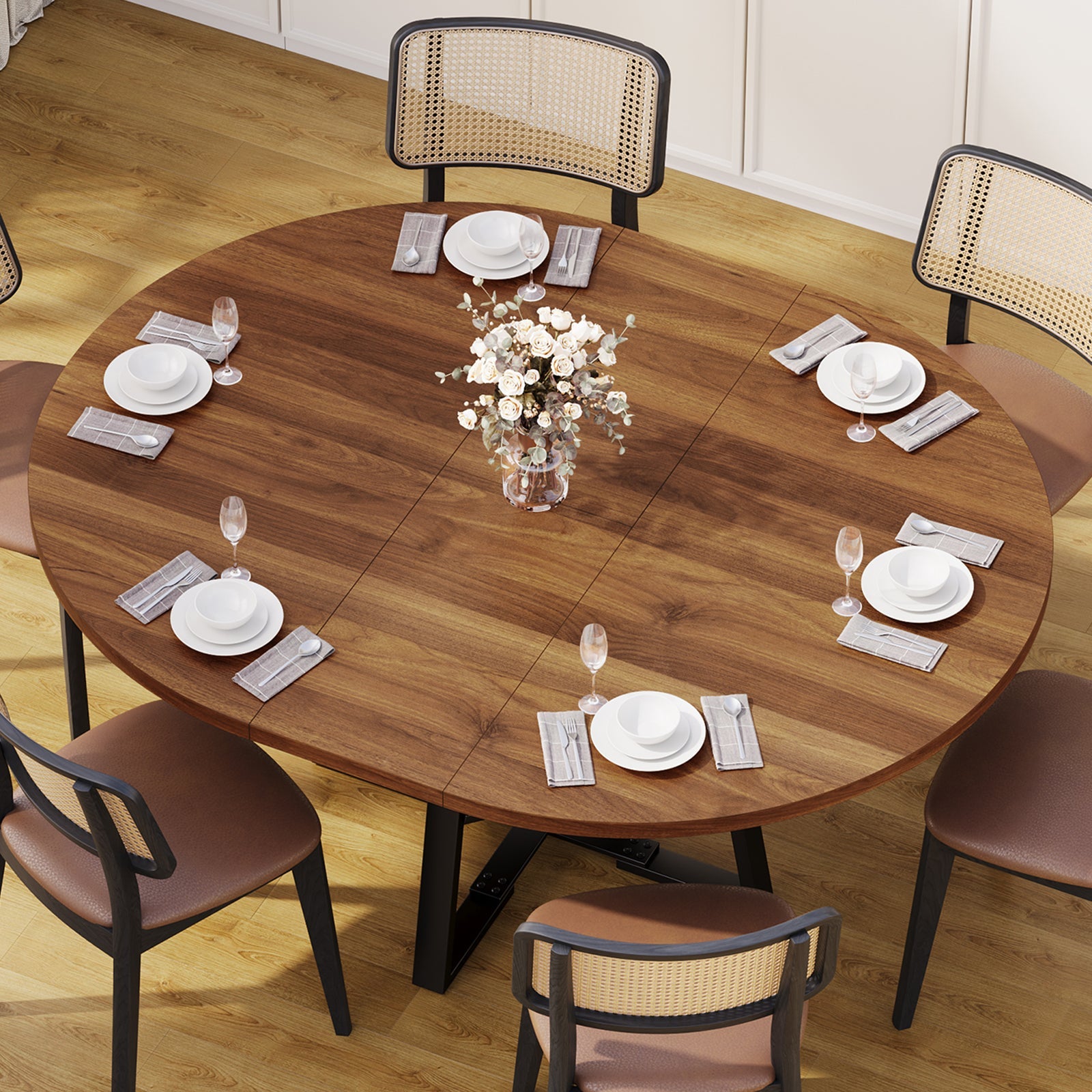 Yanosaku DT001 47" Extendable Round Table for 4–8, Walnut Metal Frame - Yanosaku SotreFurnitureDT001-WA