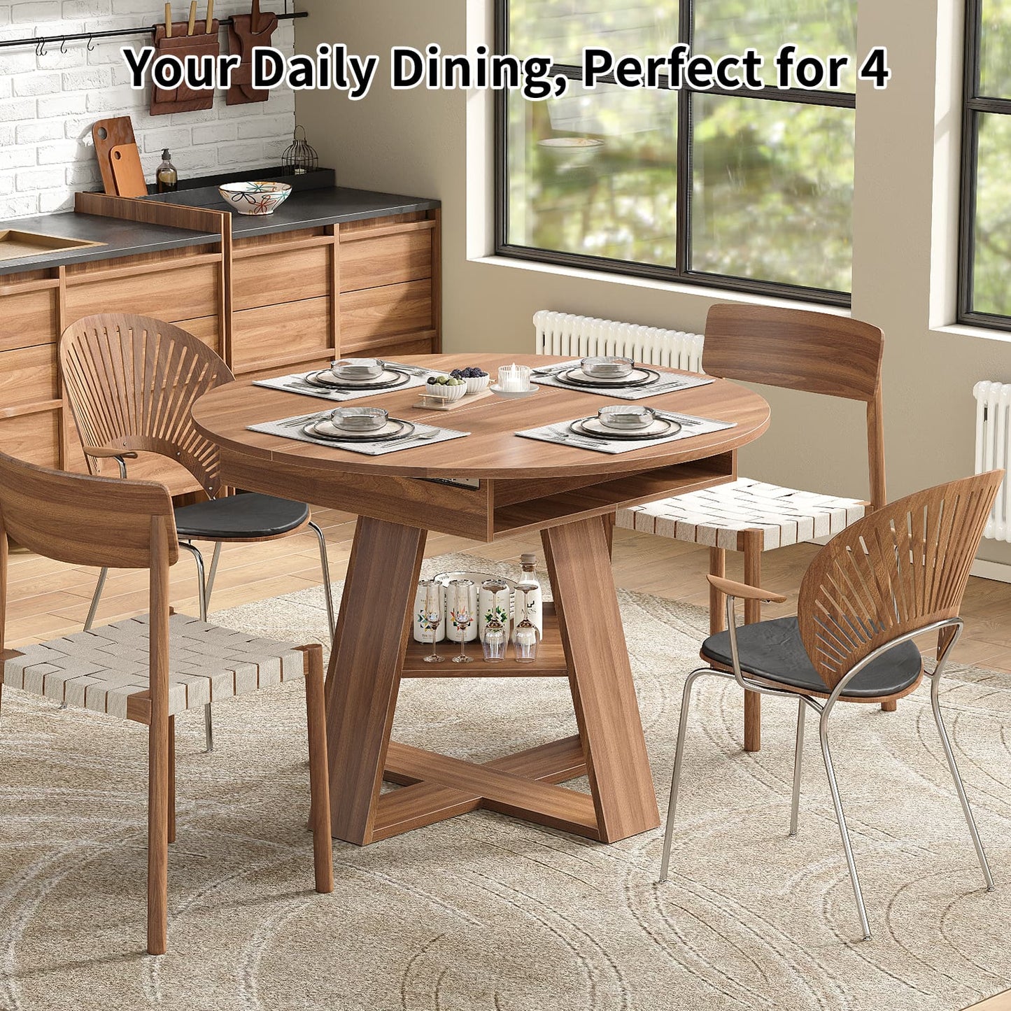 Yanosaku DT003 43.3" - 59" Extendable Round Table 4–8, Modern Farmhouse - Yanosaku SotreFurnitureDT003-WA