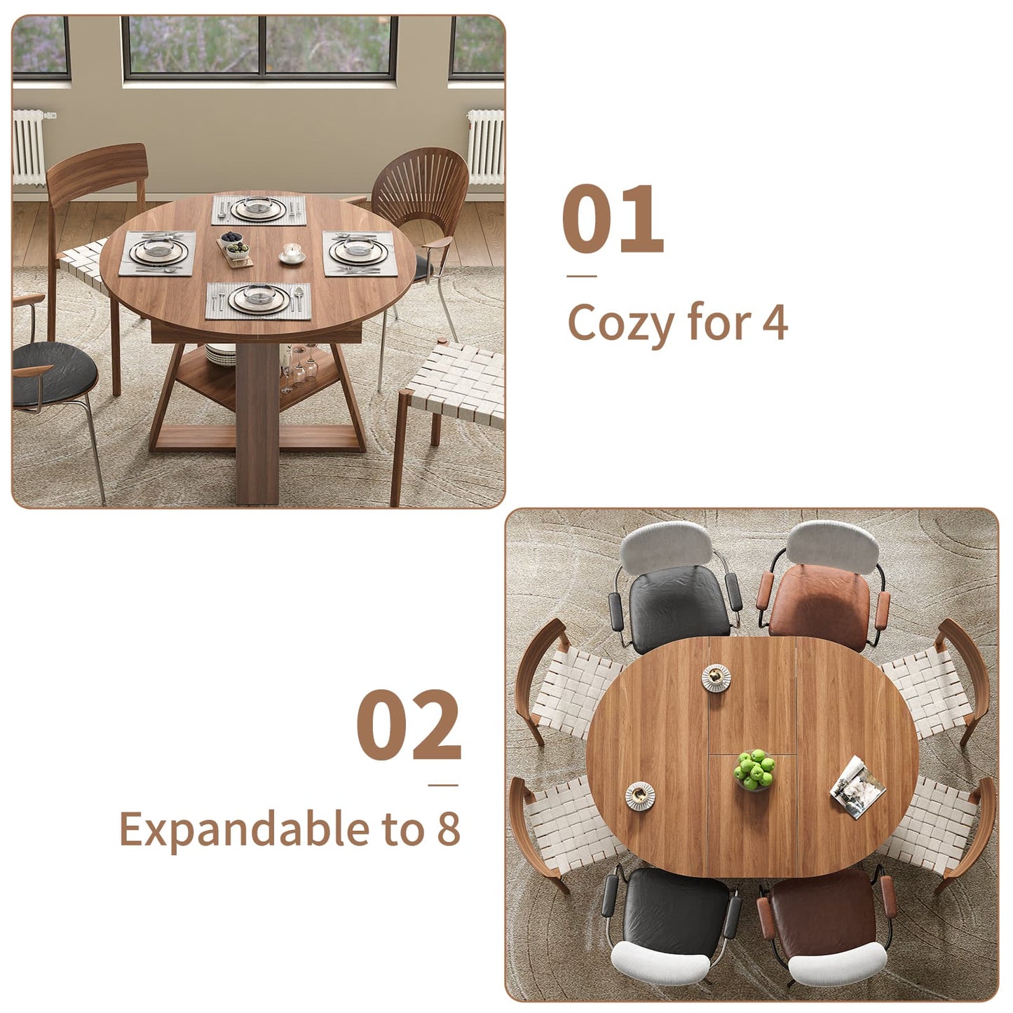 Yanosaku DT003 43.3" - 59" Extendable Round Table 4–8, Modern Farmhouse - Yanosaku SotreFurnitureDT003-WA