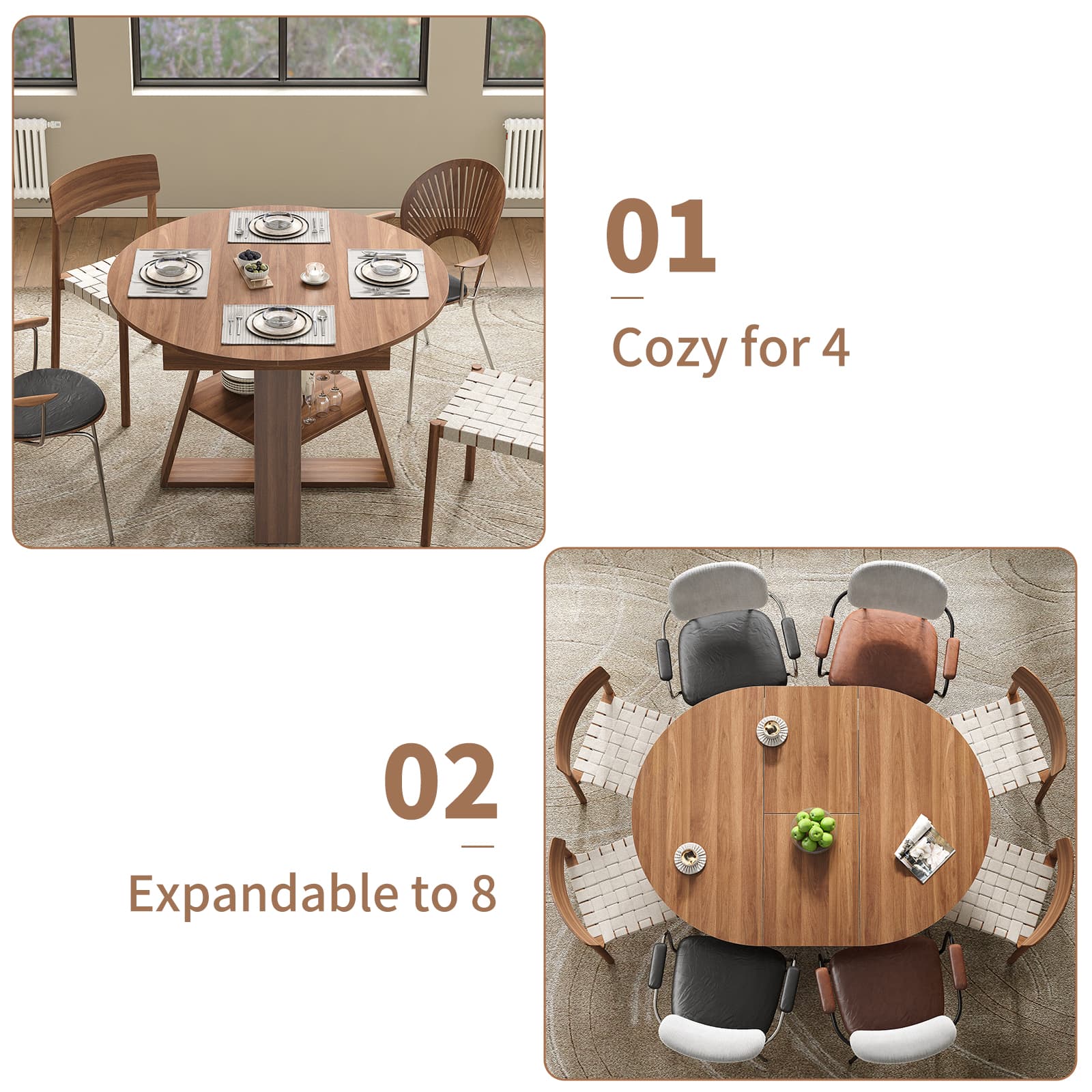 Yanosaku DT003 43.3" - 59" Extendable Round Table 4–8, Modern Farmhouse - Yanosaku SotreFurnitureDT003-WA