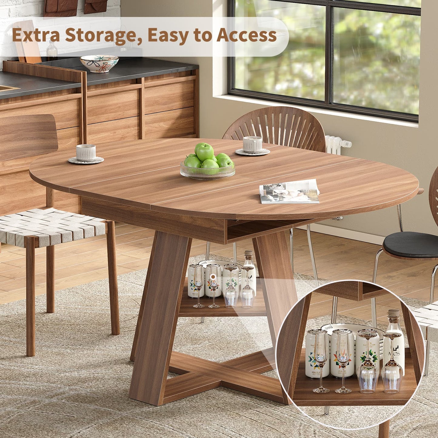 Yanosaku DT003 43.3" - 59" Extendable Round Table 4–8, Modern Farmhouse - Yanosaku SotreFurnitureDT003-WA