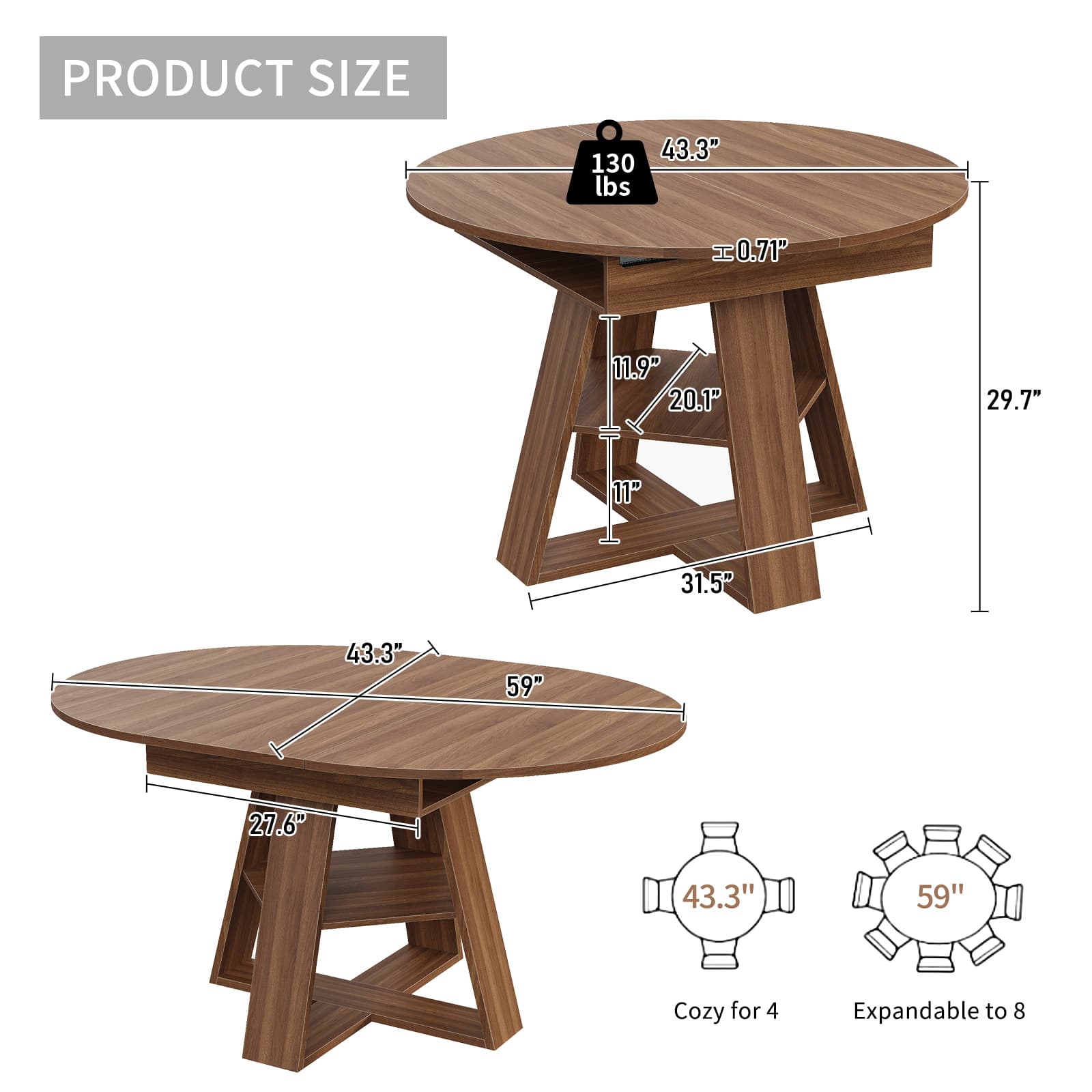 Yanosaku DT003 43.3" - 59" Extendable Round Table 4–8, Modern Farmhouse - Yanosaku SotreFurnitureDT003-WA