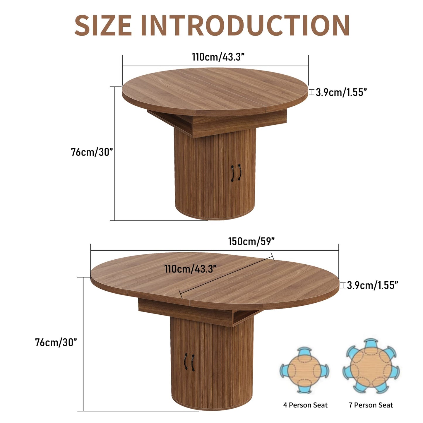 Yanosaku DT004 43" - 59" Extendable Round Dining Table for 4–8, Walnut - Yanosaku SotreDT004-WA
