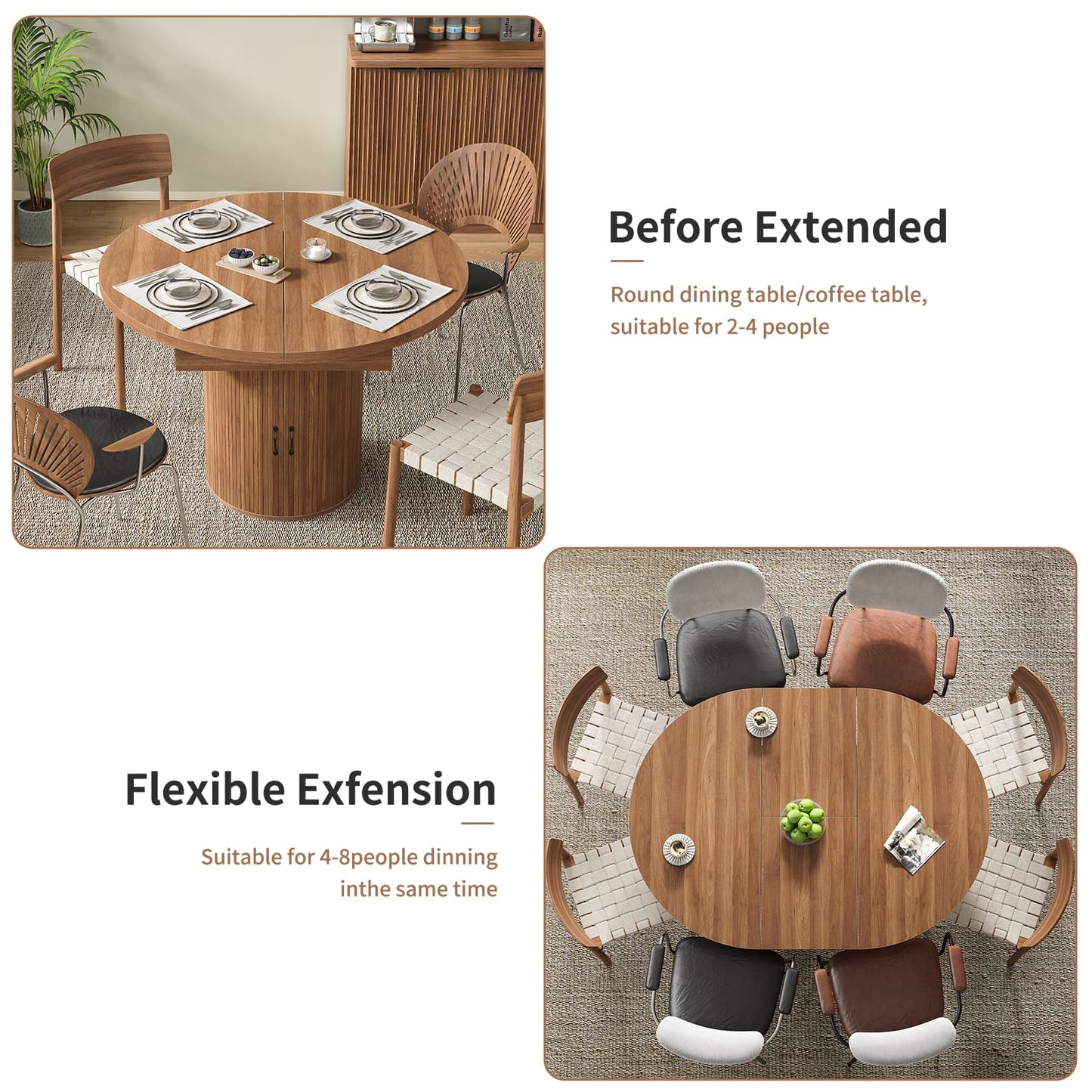 Yanosaku DT004 43" - 59" Extendable Round Dining Table for 4–8, Walnut - Yanosaku SotreDT004-WA