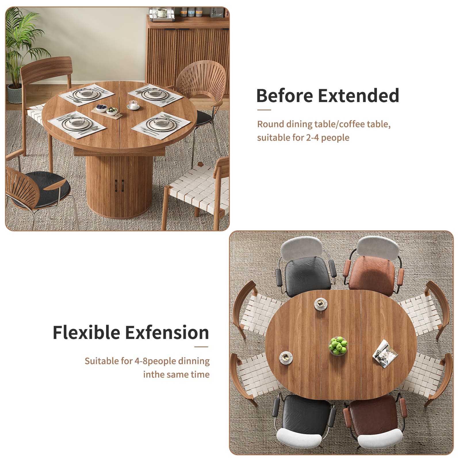 Yanosaku DT004 43" - 59" Extendable Round Dining Table for 4–8, Walnut - Yanosaku SotreDT004-WA