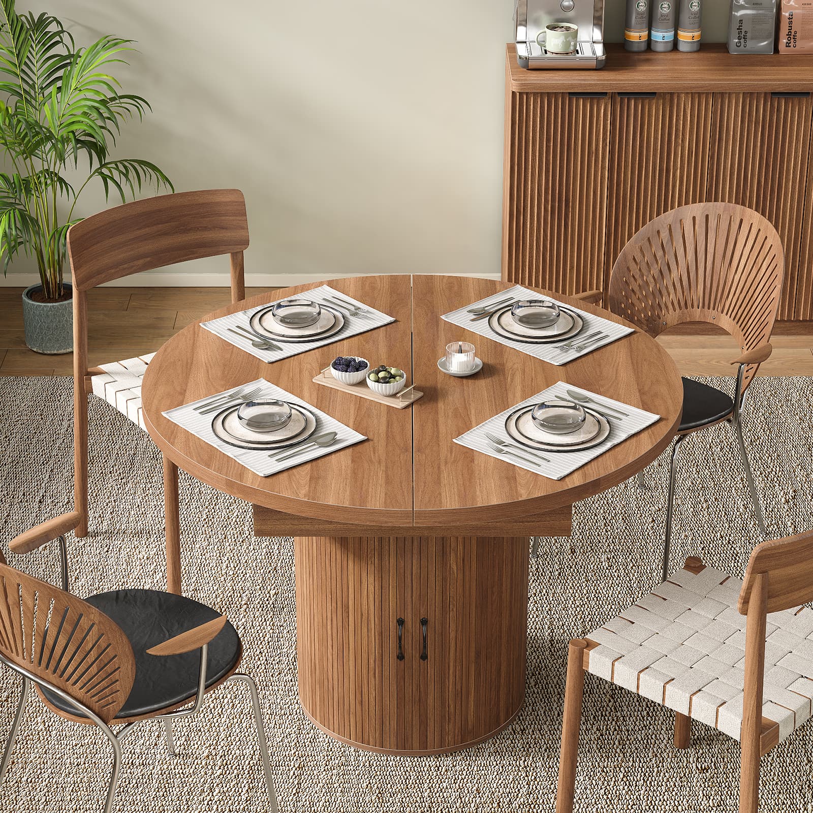 Yanosaku DT004 43" - 59" Extendable Round Dining Table for 4–8, Walnut - Yanosaku SotreDT004-WA
