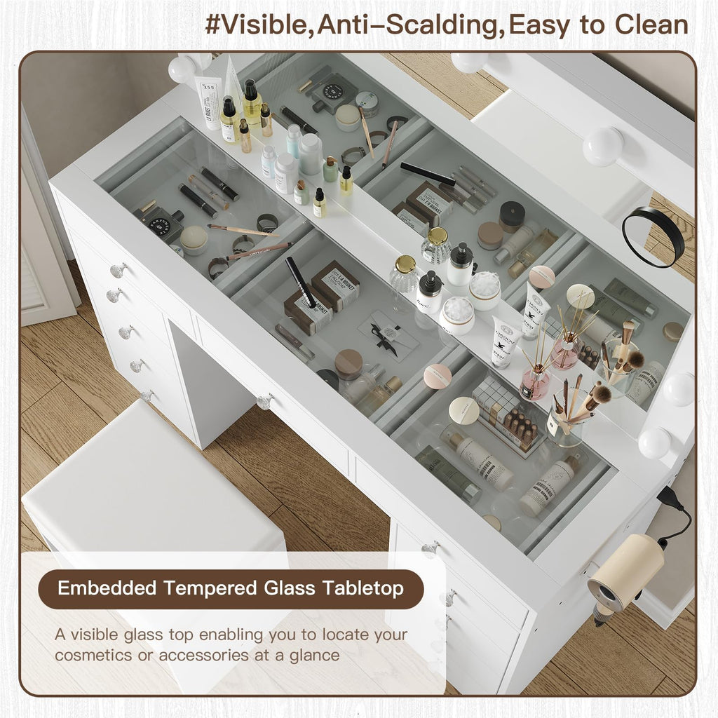 Yanosaku Modern White Makeup Vanity Set Table with Stool & LED Mirror 11 Drawers Luxury - Yanosaku SotreFurnitureVD003 - WH