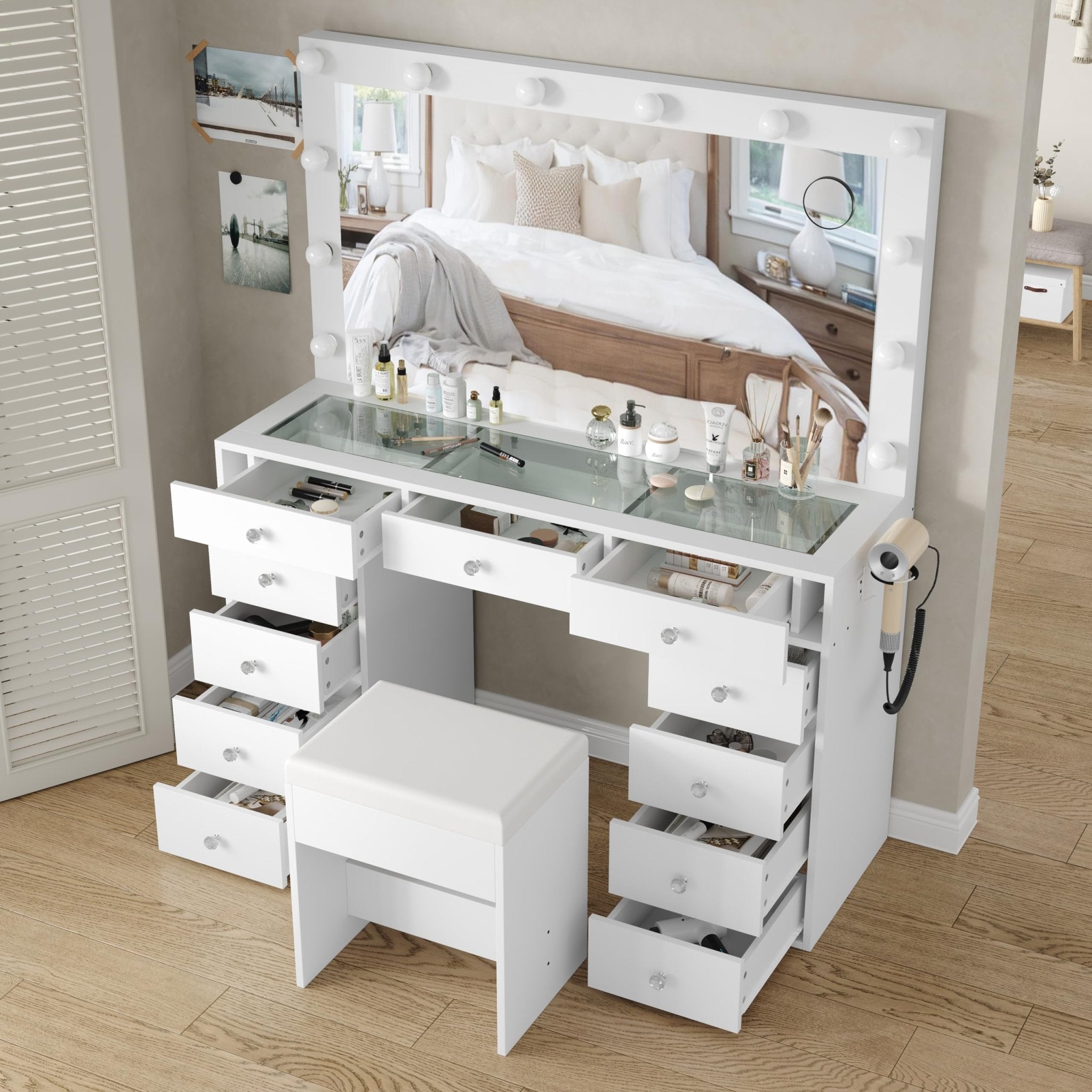 Yanosaku Modern White Makeup Vanity Set Table with Stool & LED Mirror 11 Drawers Luxury - Yanosaku SotreFurnitureVD003 - WH